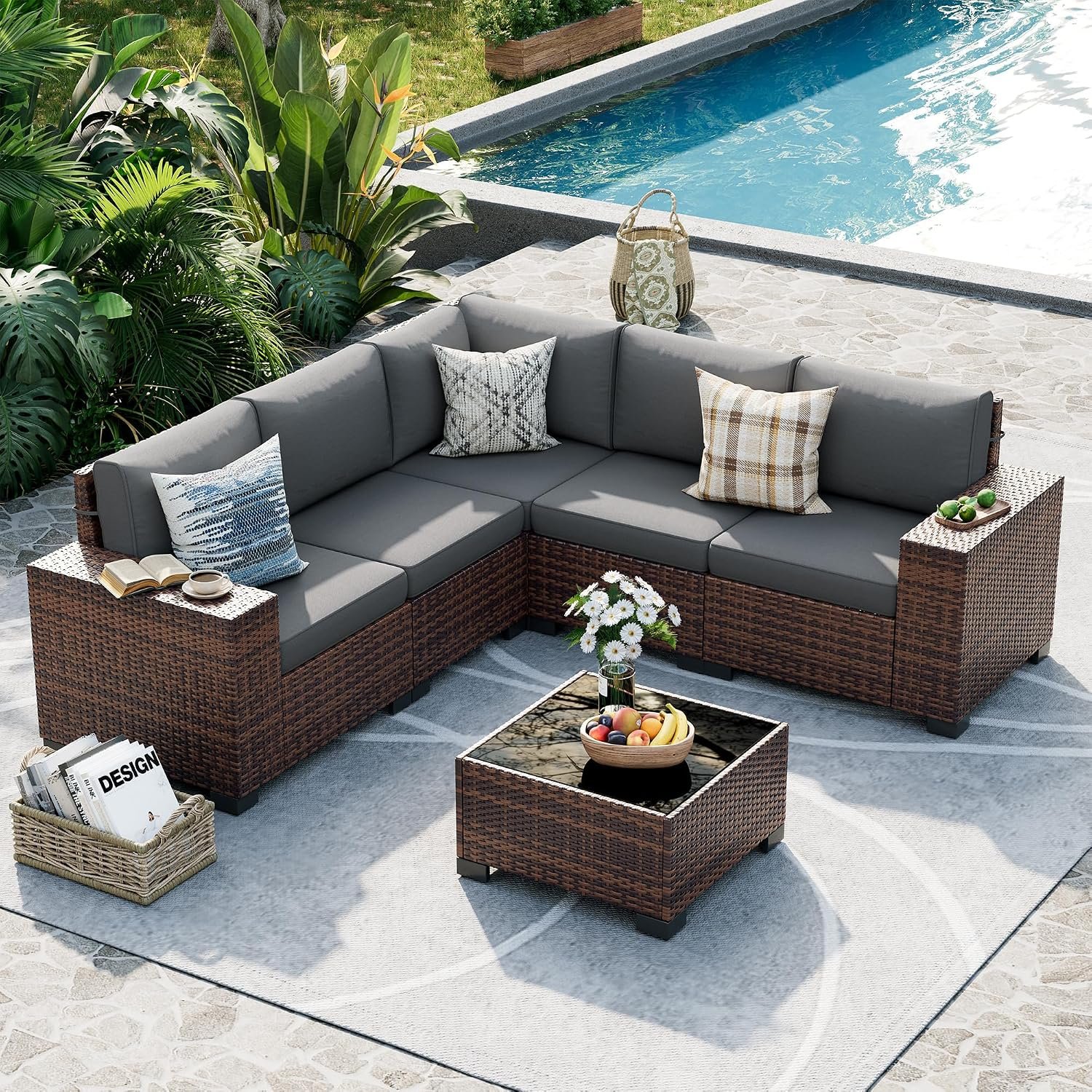 UDPATIO 6-Piece Patio Furniture Set, 8 Inch Armrest, 4″ Thick Cushion | L Shape Modular Sectional Sofa w/ Glass Coffee Table For Garden & Backyard