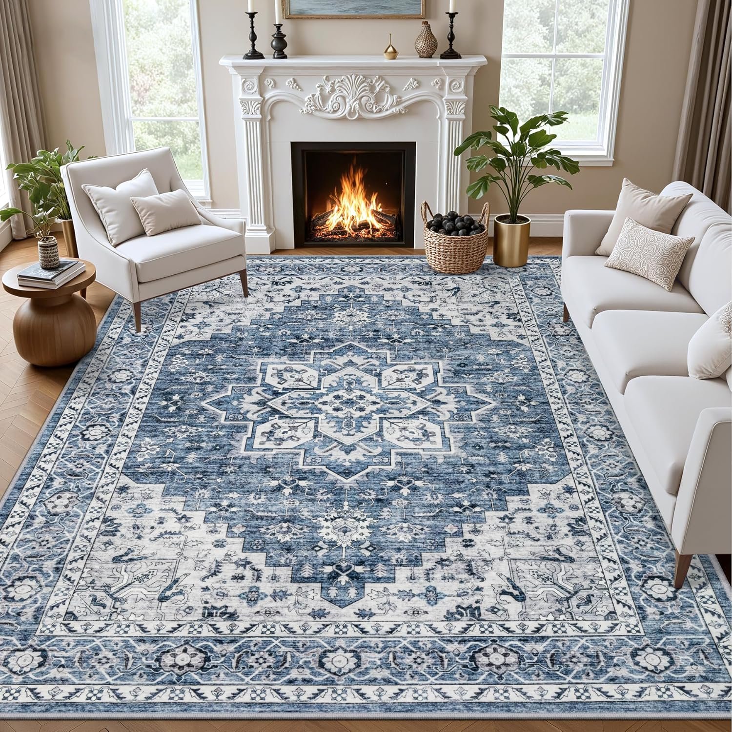 8×10 Area Rugs Living Room: Washable Vintage Rug for Bedroom Blue | Boho No Slip Stain Resistant Rug Soft Indoor decor Floor Floral Area Rugs for Dining Room, Nursery, Hallway, Home Office