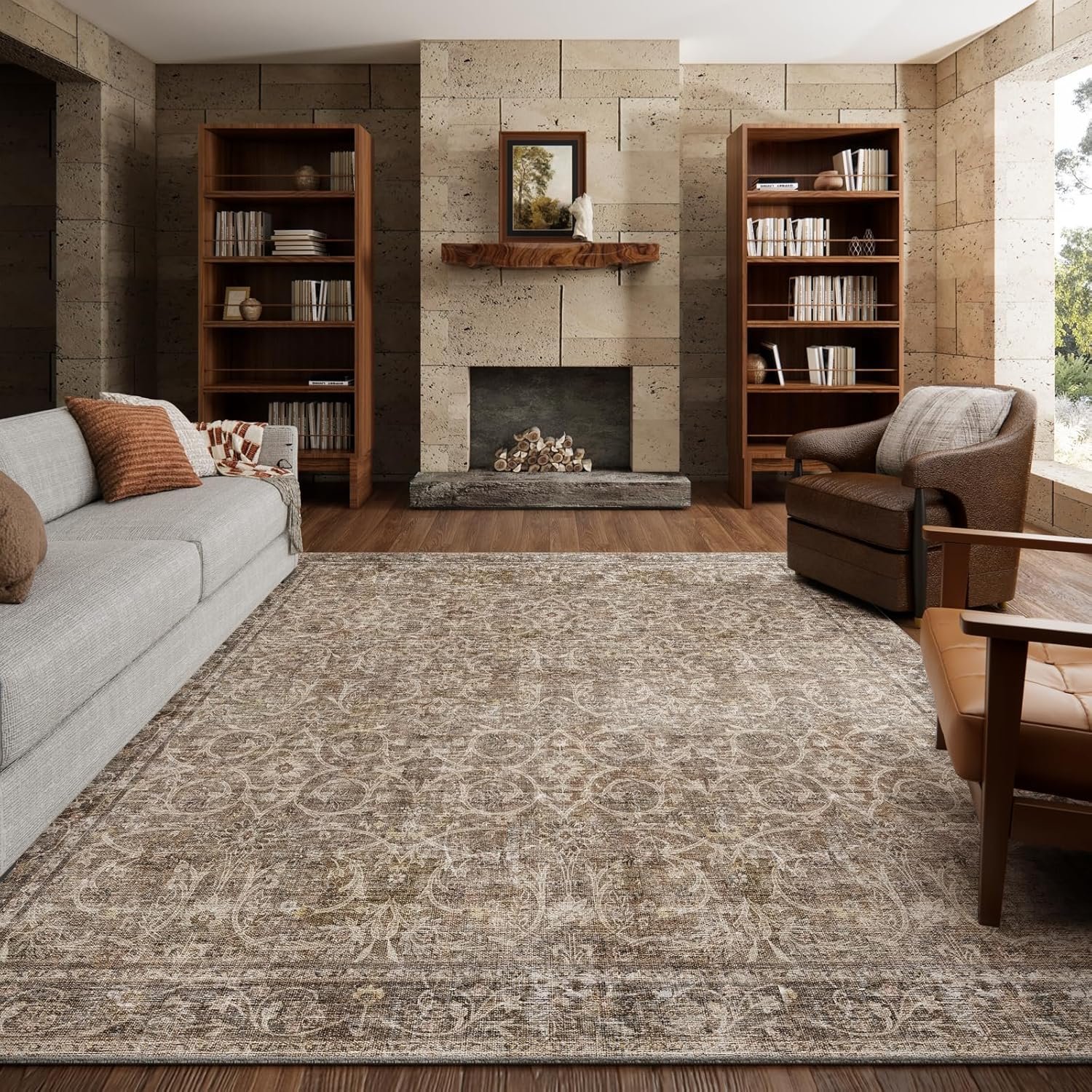 Machine Washable Rugs for Living Room: 8×10 Area Rugs for Bedroom | Ultra Soft,Non-Slip,Low Pile,Vintage Distress,Boho,Large,Carpet,High-Traffic,Dining Room,Nursery,Farmhouse Decor