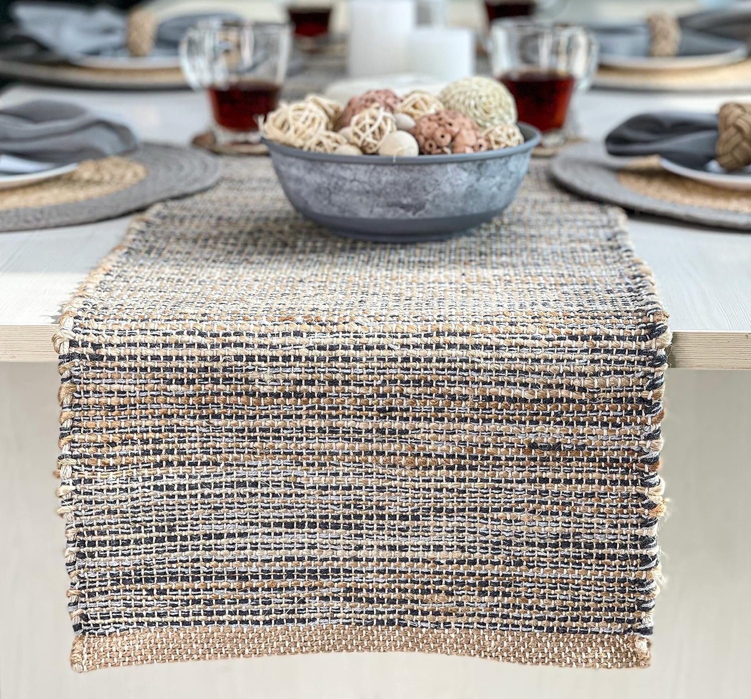 Natural Jute Table Runner 13×72 Inch – Vintage Boho Rustic Table Decor – Handwoven Table Runner in Natural Jute and Grey – Farmhouse Dining or Console Table Accent