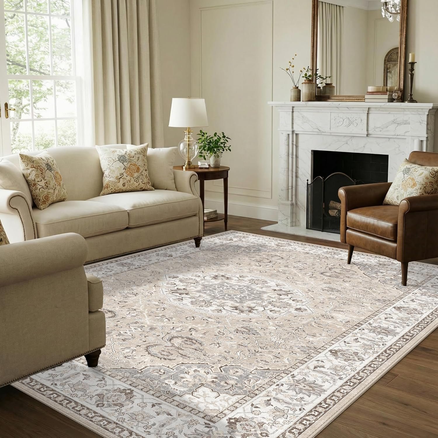 Living Room 6×9 Area Rugs: Farmhouse Washable Ultra Soft Carpet for Bedroom Nursery Indoor Vintage Stain Resistant Rug for Dining Room Non-Slip Durable Neutral Floor Mat for Pet Owners(6×9 Beige)