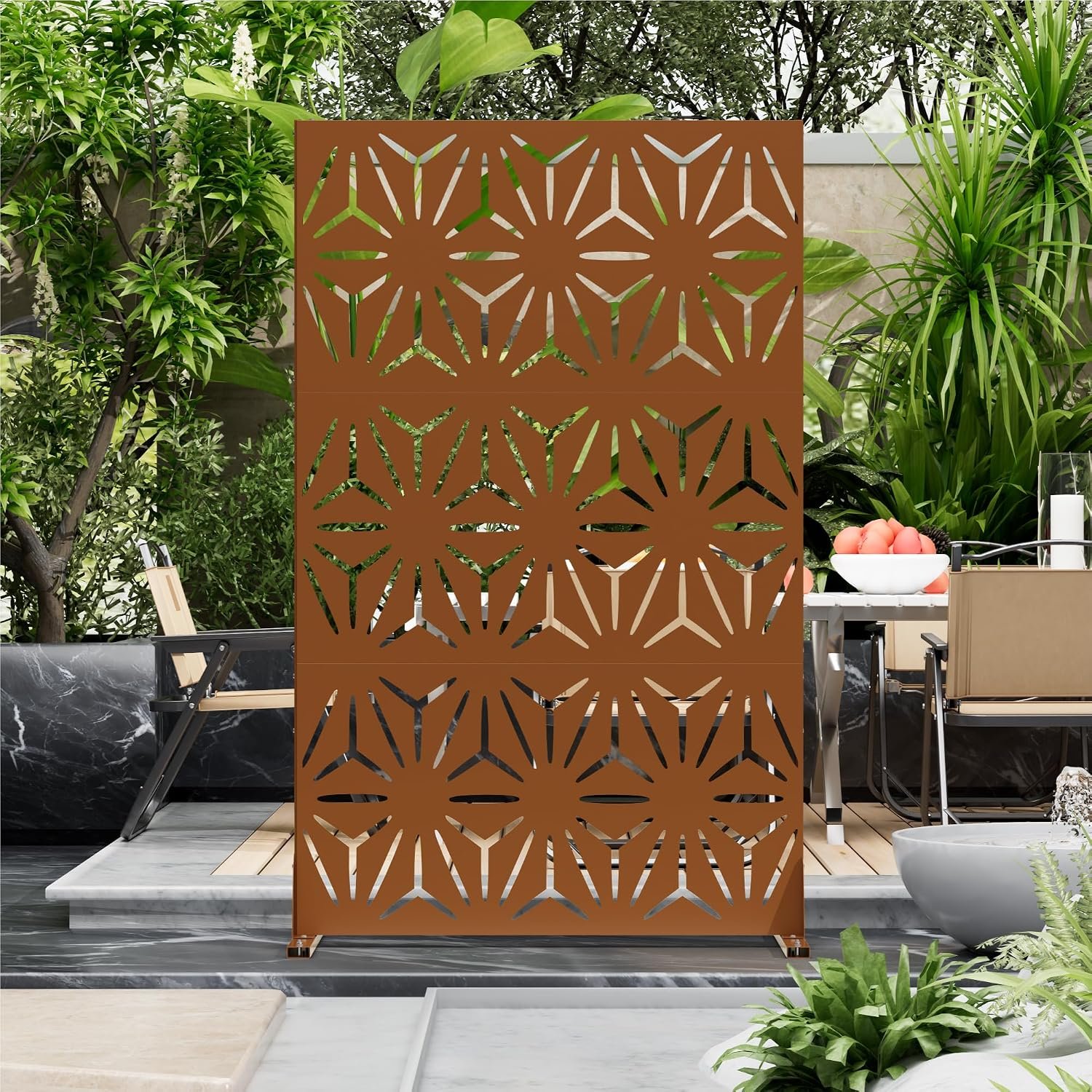 Metal Privacy Screen for Outdoor Freestanding 72″ H x 44″ W Patio Metal Fence Panels with Stand, Brown Privacy Screens for Outside Deck Balcony Garden and Indoor