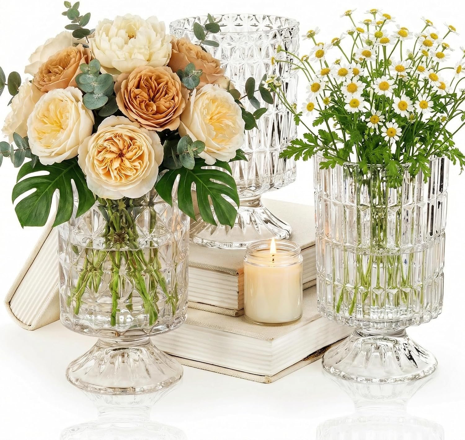 Goaste 3 Pack Embossed Big Base Vase, 7″ Crystal Glass Vase, Hydroponic Green Plant Vases, Transparent Flower Vases with Ribbed Pattern for Wedding, Dining Table Centerpieces, Home Decor, Office