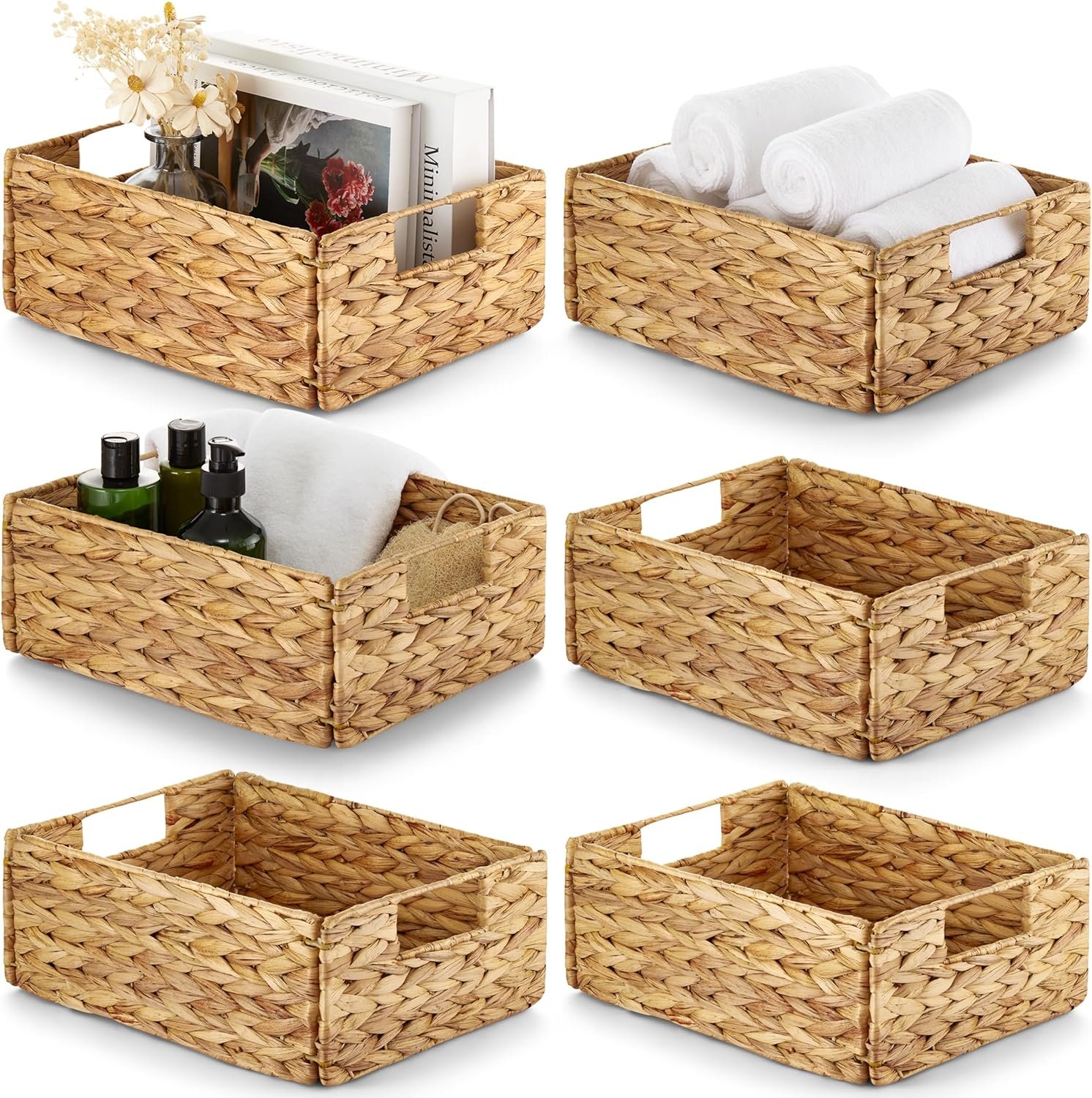 Bluewest Water Hyacinth Storage Baskets, Set of 6, Woven Bins with Handles | Organizer and Laundry Basket with Carrying Handles, Designed as a Rattan Bin for Shelves, Closets and Household Essentials.