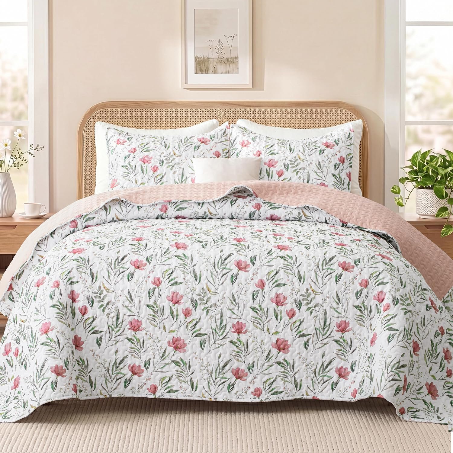 Exclusivo Mezcla Floral Quilts Queen Size | 3 Pieces White Bedspreads, Watercolor-inspired Botanical Pattern, Lightweight Coverlets Bed Cover for All Seasons (92″x96″)