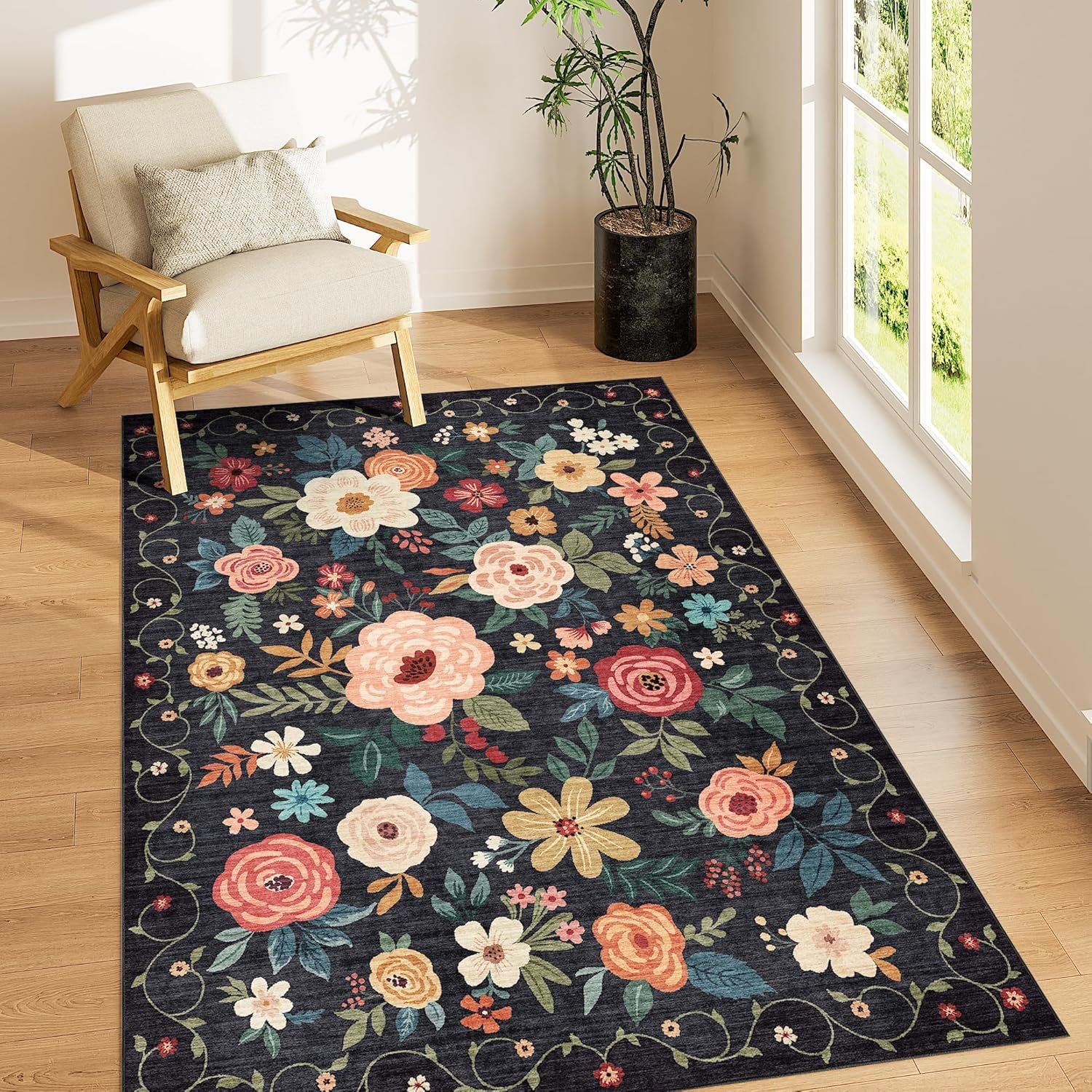 DUKINO 3×5 Area Rug, Floral Washable Rug for Bedroom Non Slip, Black | Soft, Stain Resistant Low Pile Indoor Rug for Entryway, Bedroom, Bathroom, Living Room, Pet Friendly, Home Decor, Lightweight
