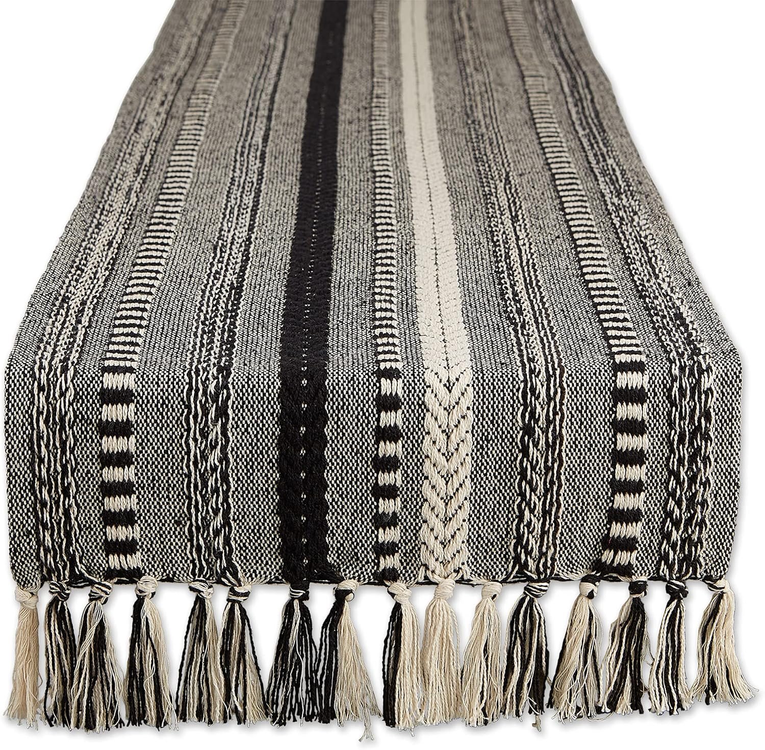 DII Farmhouse Braided Stripe Table Runner Collection, 15×108 (15×113, Fringe Included), Black