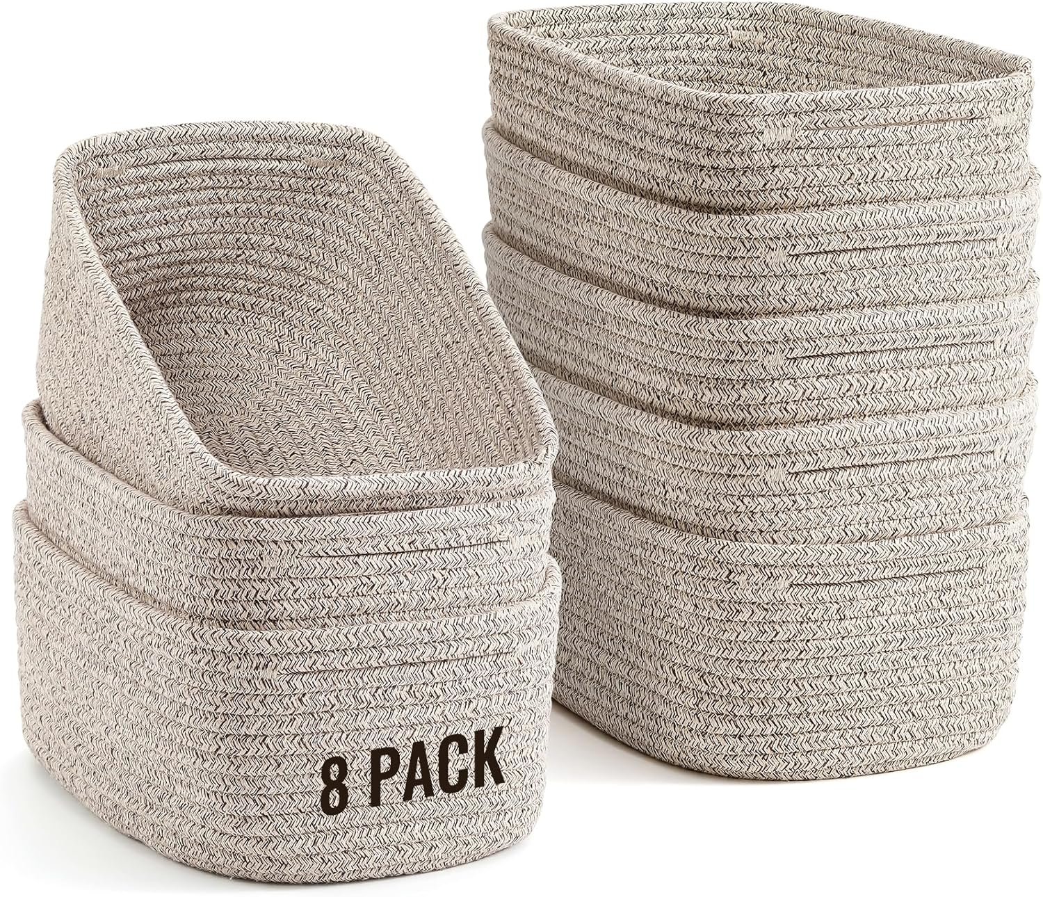 8 Pack Small Storage Baskets for Organizing, Woven Rope Bins for Bathroom, Closet, Shelf Organizer, Cute Cube Decorative Box for Towels, Baby Nursery, Toys, Gift Empty Baskets – 11.5″x7.5″x4.7″-Brown