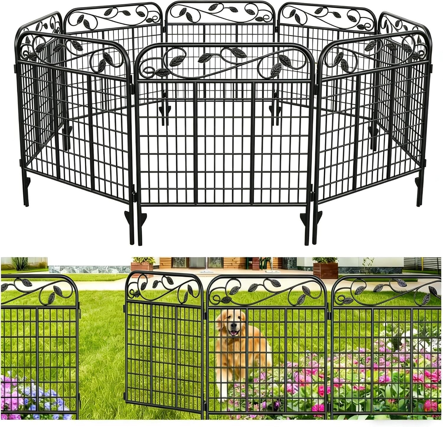 AMAGABELI 4 Panels 44 in(H )X 12 ft(L) Decorative Garden Fence Gate,Dog Fence Outdoor for Yard,Rustproof Tall Garden Fencing Animal Barrier Metal Wire Panel Border with Leaves for Flower Bed Black