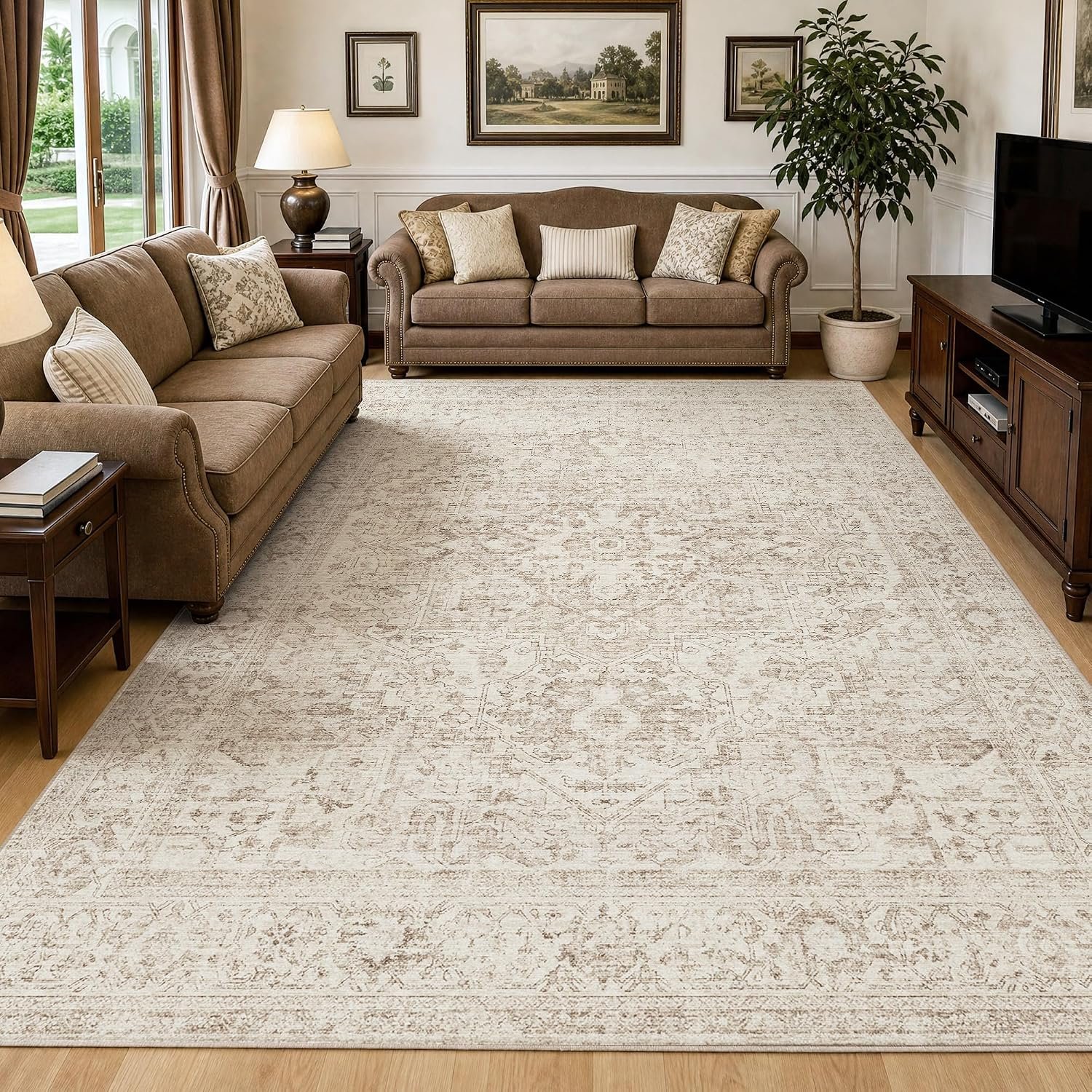 FMFUNCTEX 8×10 Washable Beige Neutral Oriental Large Living Room Area Rug | Cream Distressed Vintage Farmhouse Non Slip Low Pile Soft Thin Indoor Carpet Throw Rug Mat Bedroom Dining Room Office Nursery