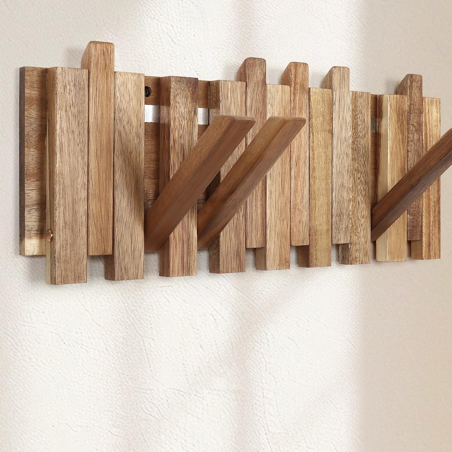 Wall Coat Rack for Entryway: Folding Wood Rustic 8 Hooks | 16.5inch Piano Hanger for Small Space Bathroom Hallway for Towel Backpack Jacket – Farmhouse Design Decor (Staggered Style)