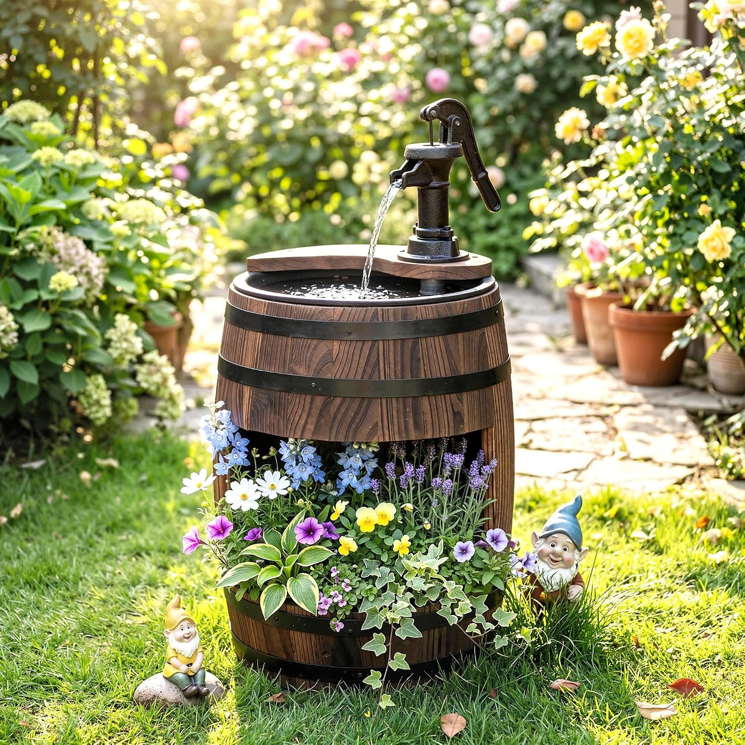 Outsunny 23″ H Outdoor Water Fountain Wood and Plastic Rustic Apple Barrel | Pump, Garden Decor, Outside Backyard