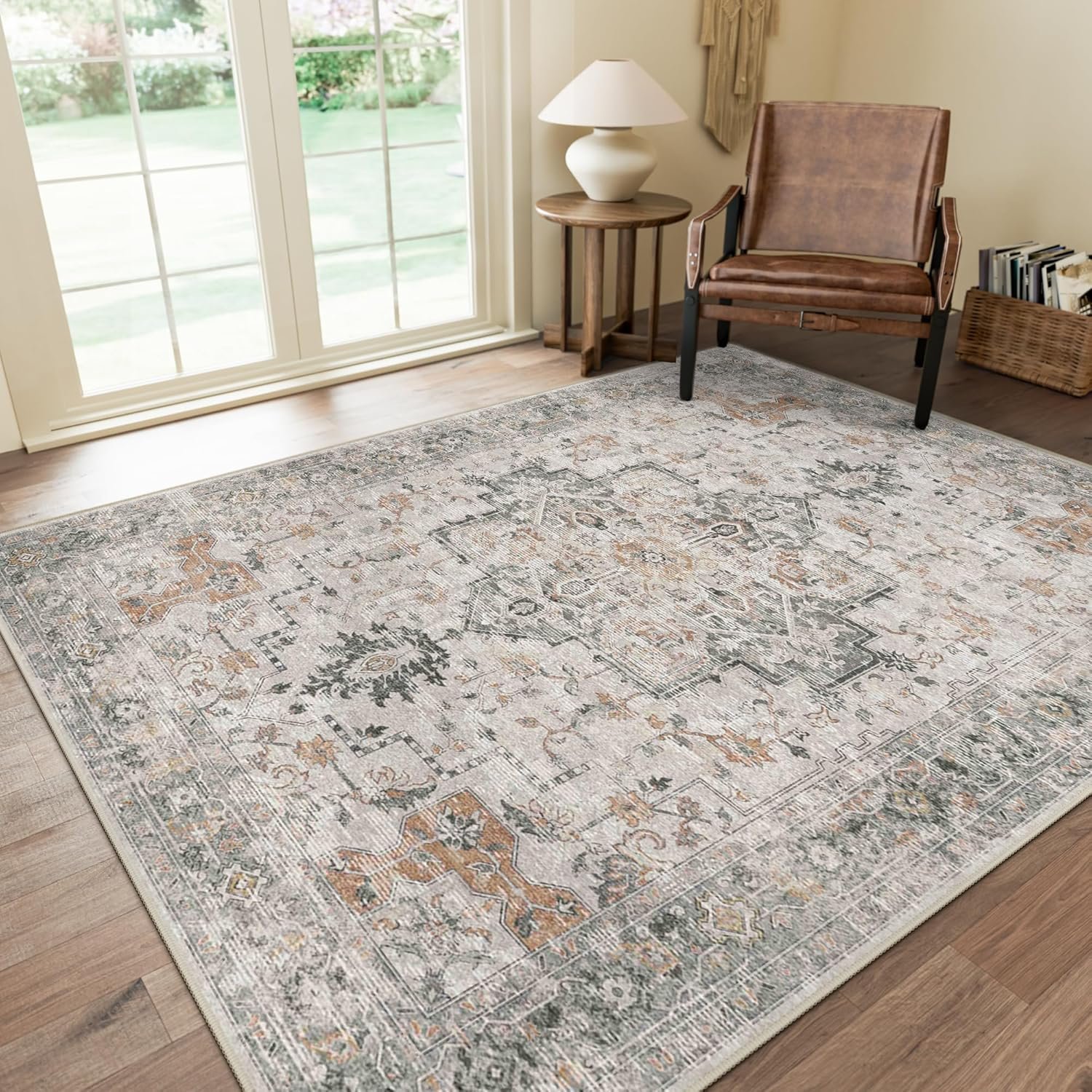 GENIMO 5×7 Washable Area Rugs for Living Room, Non Slip, Taupe | Vintage Floral Rug, Stain Resistant, Low Pile and Lightweight for Bedroom, Dining Room and Home Office