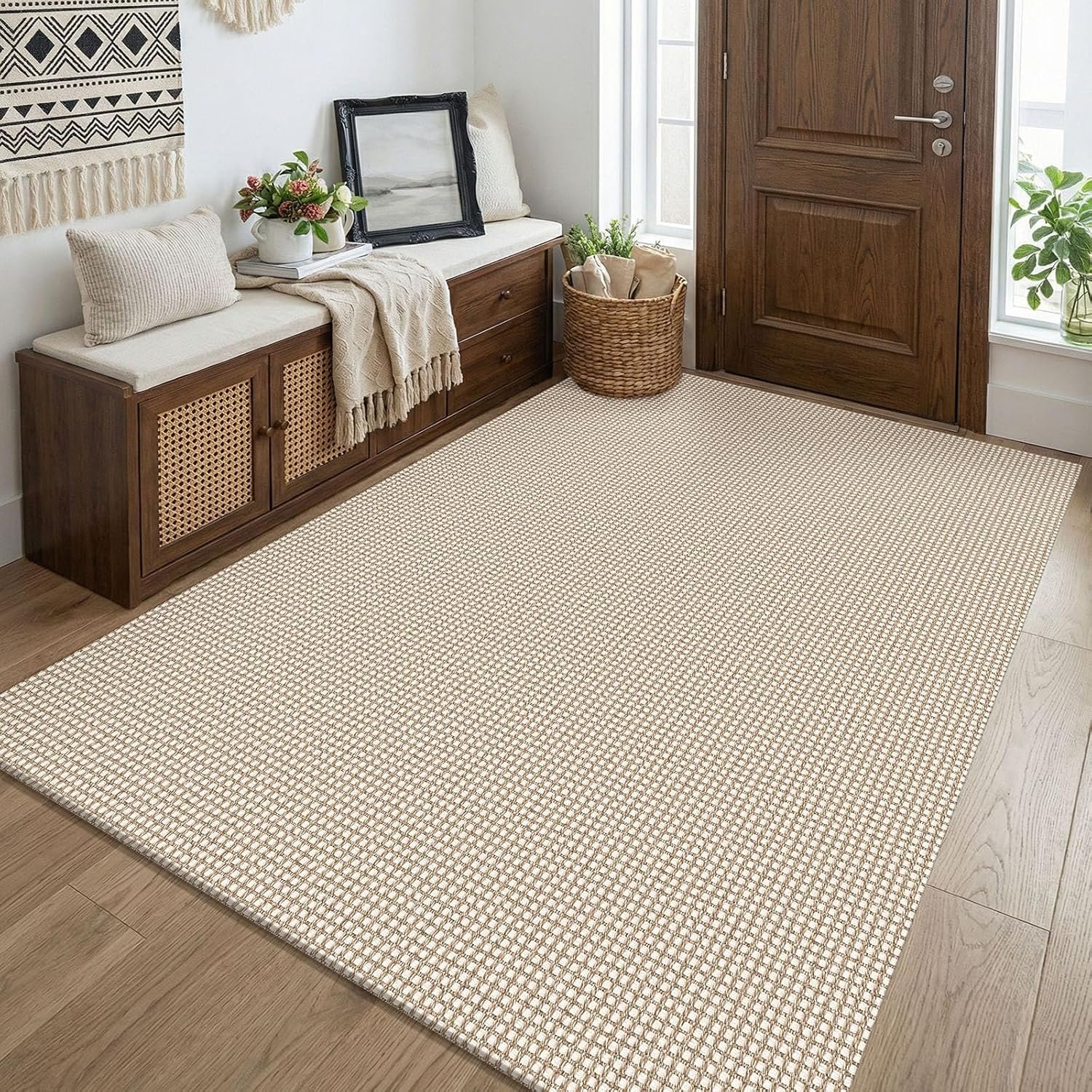 KOZYFLY Washable 4×5 Entry Woven Area Rug, Braided Throw Rugs for Entryway, Non Slip Door Mat Indoor Entrance, Flatweave Carpet for Foyer, Bedroom, Dining, Office, Ivory/Camel/Brown
