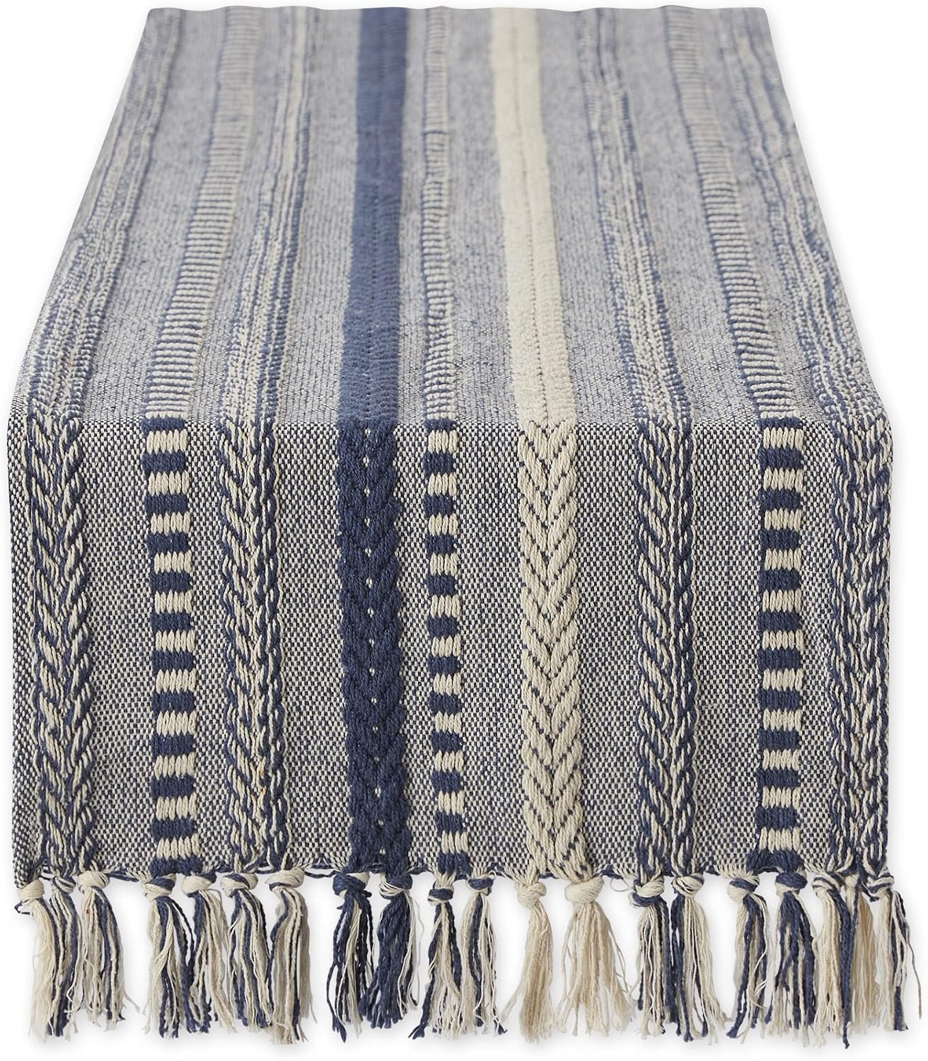 DII Farmhouse Braided Stripe Table Runner Collection, 15×72 (15×77, Fringe Included), French Blue