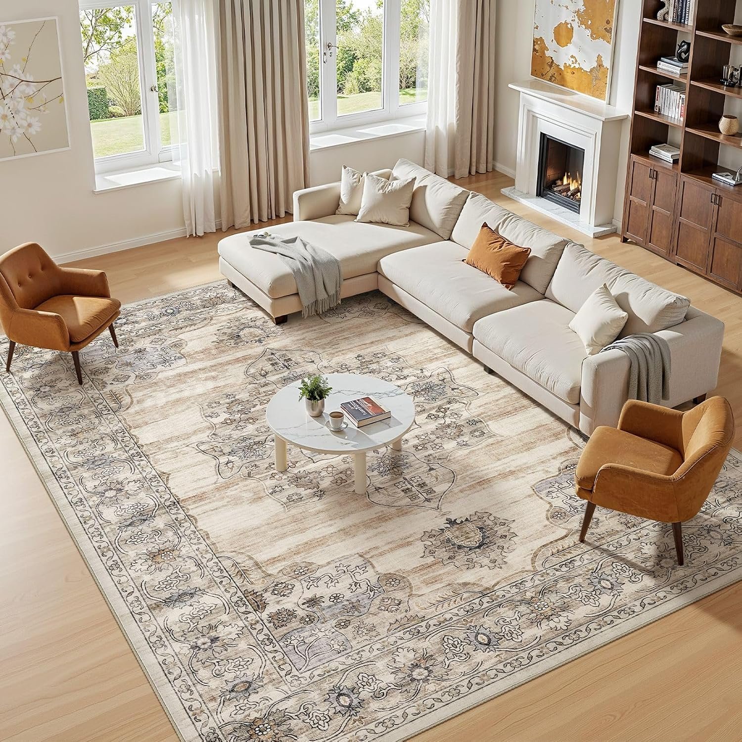 Vintage Washable 5×7 Area Rug, Non-Slip Indoor Carpet, Beige | Soft Low Pile Rug with Non-Slip Backing, Stain Resistant for Bedroom or Dining Room, Kid & Pet Friendly