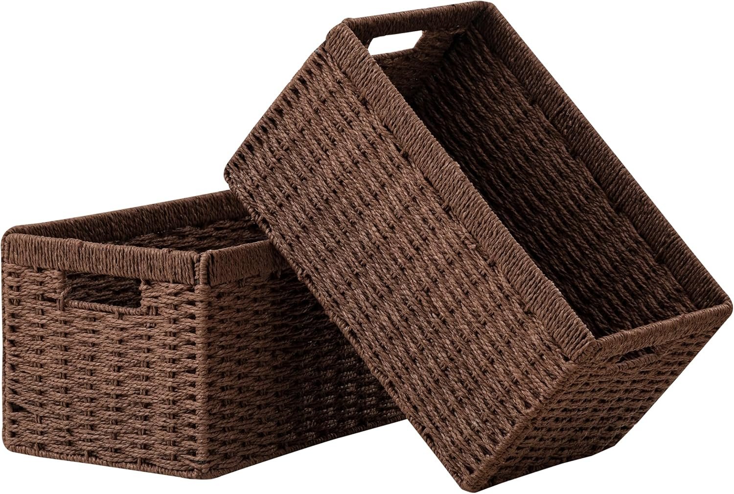 UBBCARE 2 Pack Wicker Basket, 13.4L×8.3H×7.1W inch Woven Paper Rope Storage Baskets for Shelves, Foldable Rectangular Storage Baskets with Handle, Storage Basket for Organizing, Dark Brown
