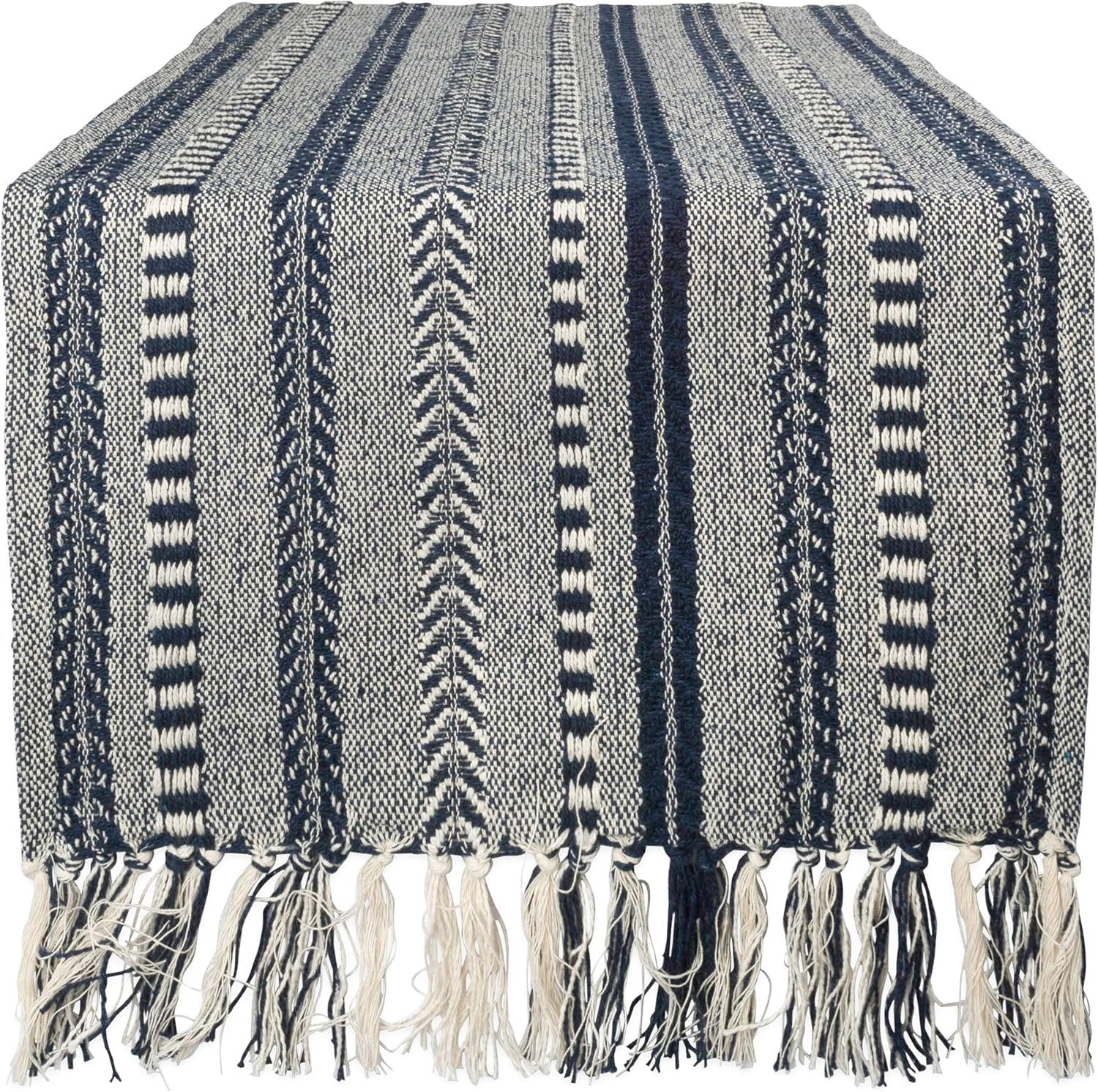 DII Farmhouse Braided Stripe Table Runner Collection, 15×72 (15×77, Fringe Included), Navy Blue