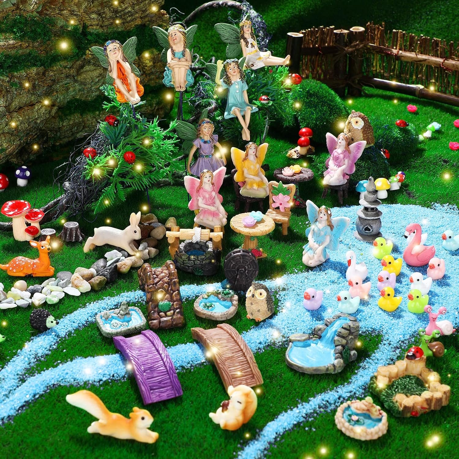 Unittype 120 Pcs Fairy Garden Accessories Outdoor Flower Fairy Garden Figurines Bulk Kit Cute Mini Bridge Duck Mushroom Well Pond Micro Animal Landscape Ornaments DIY for Outdoor Yard Lawn
