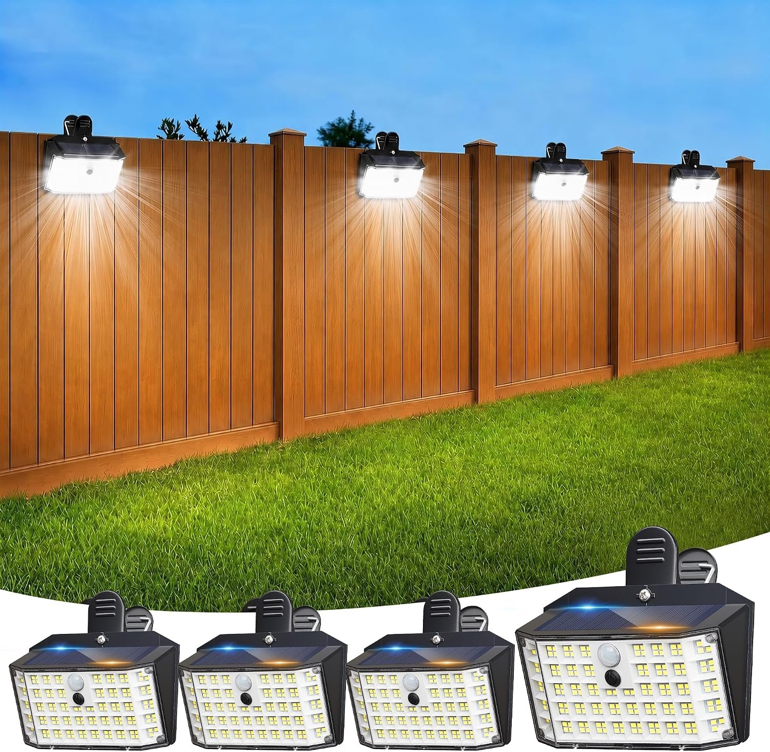 Clip on Solar Lights Outdoor, Motion Sensor Fence Lights | 176LED 600LM No Drill Solar Clip Light with Motion Sensor, 3 Modes IP65 Waterproof Security Lights for Deck,Yard(4Pack)