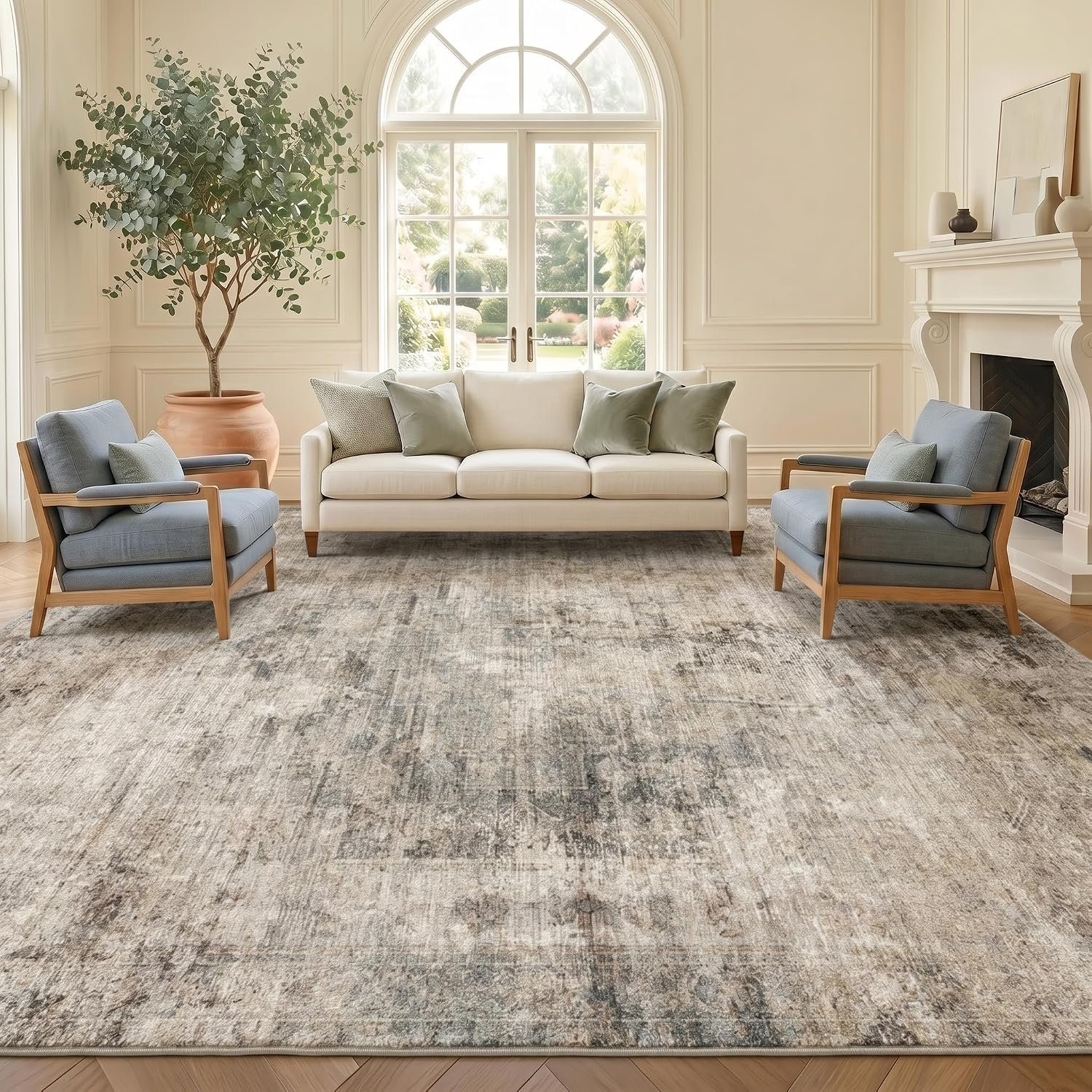 Farmhouse 8×10 Washable Area Rugs for Living Room, Neutral Taupe Brown Abstract Rug for Dining Room and Bedroom, Soft Foldable Low Pile Carpet, Stain Resistant Non-Slip Backing