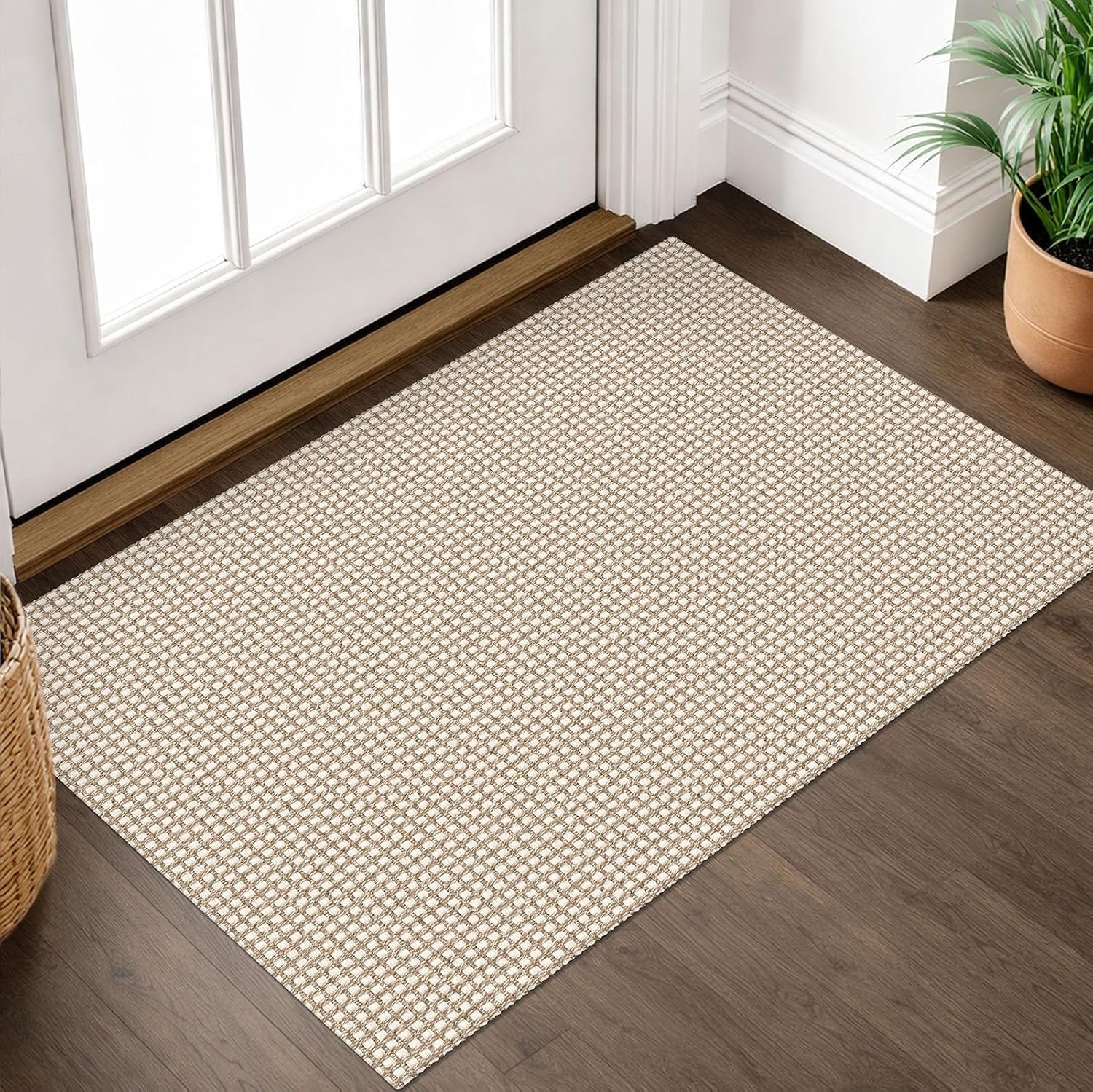 Small Area Rug 2×3 Washable Woven Rugs for Entryway Non Slip Rubber Backed Front Door Rugs Indoor Doormat Throw Rug Floor Carpet for Entrance Kitchen, Cream/Beige