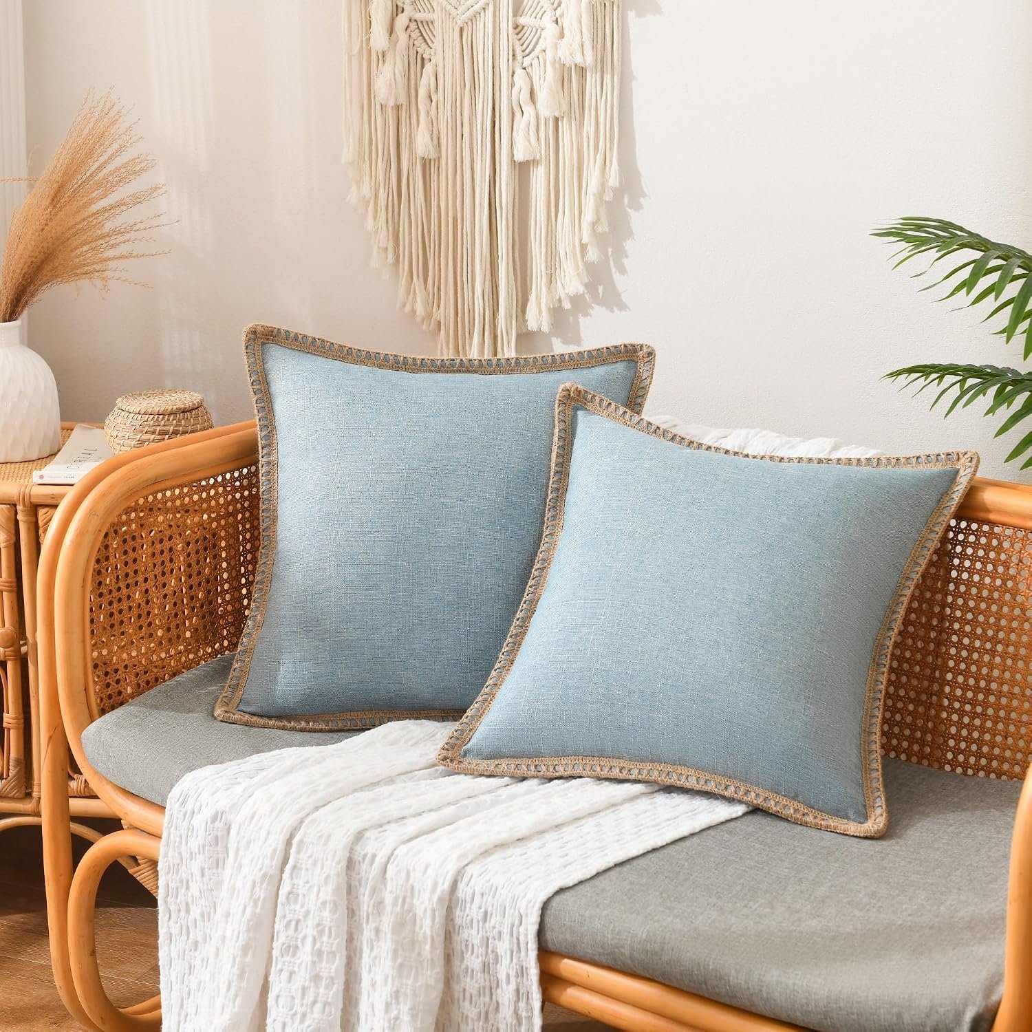 Set of 2 Farmhouse Throw Pillow Covers – Burlap Linen Trimmed Tailored Edges Decorative Cushion Covers for Bed Home Decoration, 18 x 18, Blue