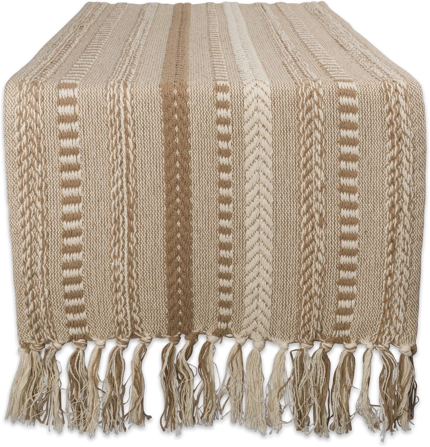DII Farmhouse Braided Stripe Table Runner Collection, 15×108 (15×113, Fringe Included), Stone