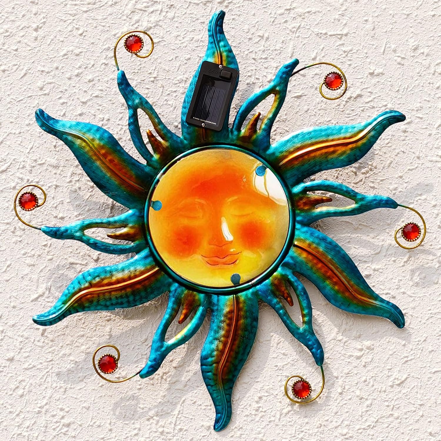 18 “Solar Metal Sun Face Wall Hanging Fence Garden Outdoor Art | Metal Sculpture with LED Lights & Smiling Face, Outdoor Wall Hanging Fence Decorations (Blue)