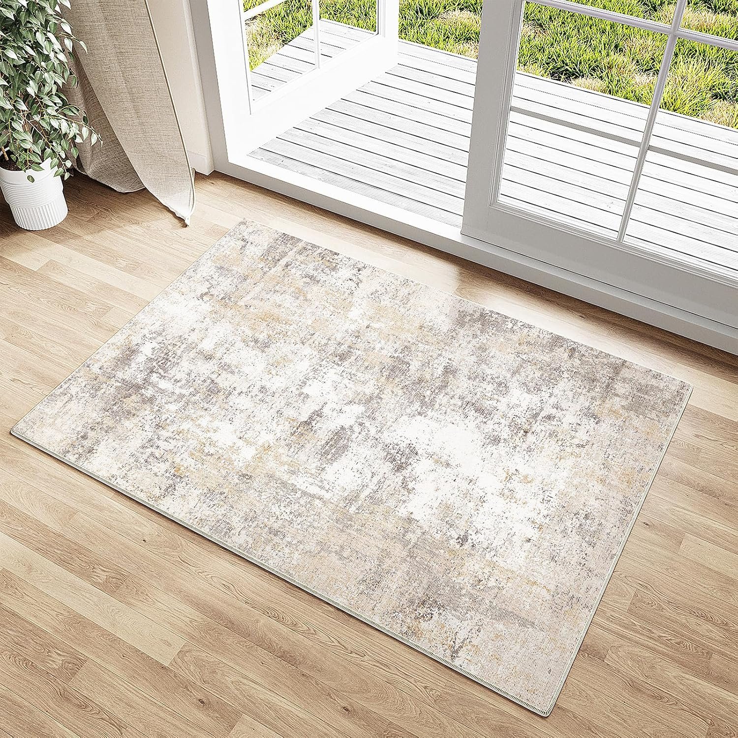 2×3 Beige Grey Abstract Area Rug | Washable, Non Slip, Soft Low Pile, Modern Neutral, for Entryway Kitchen Bathroom Bedroom Indoor Home Decor