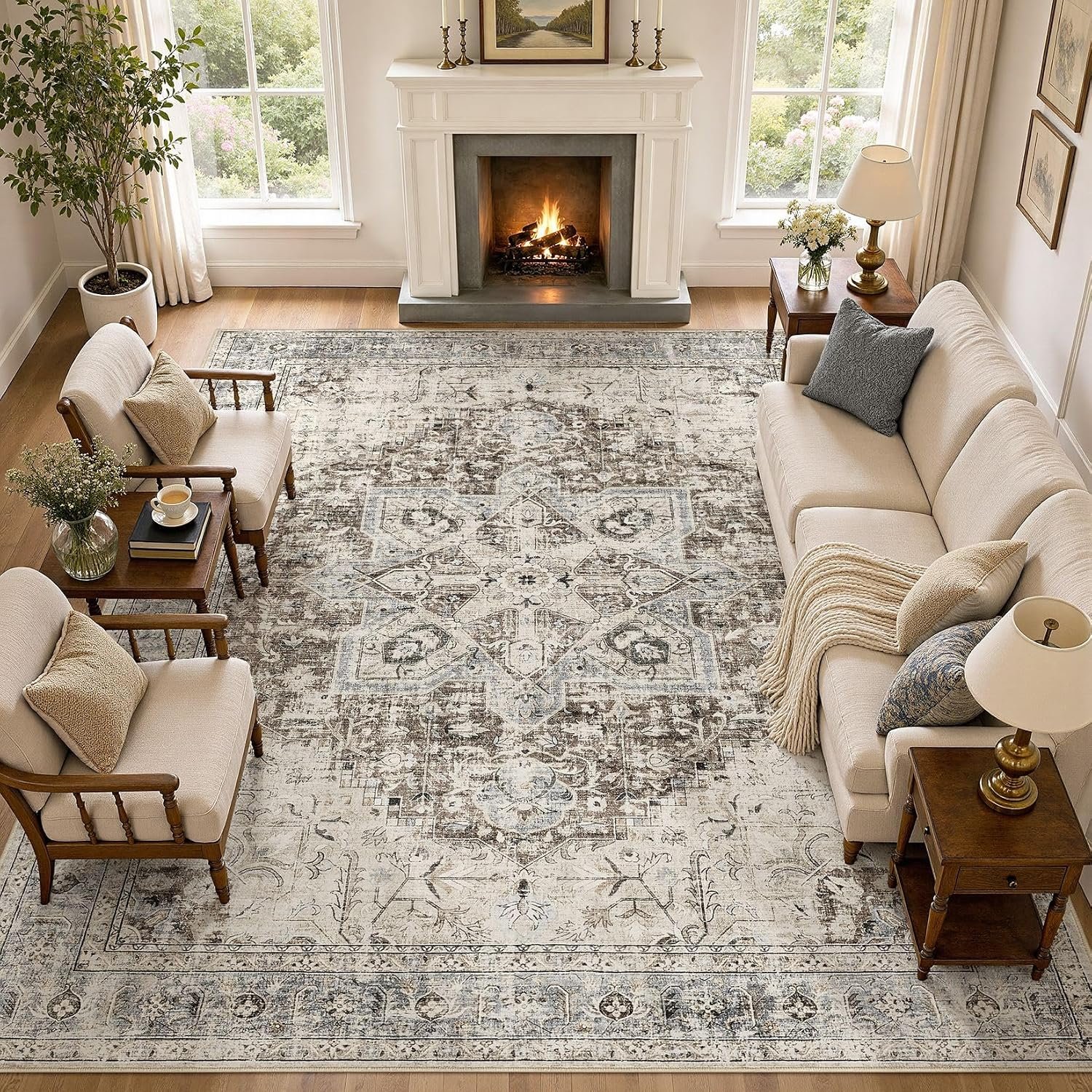 Tortania Area Rug Living Room Rugs – 10×14 Washable Boho Rug Vintage Oriental Distressed Farmhouse Large Thin Indoor Carpet for Living Room Bedroom Under Dining Table Home Office – Brown Blue
