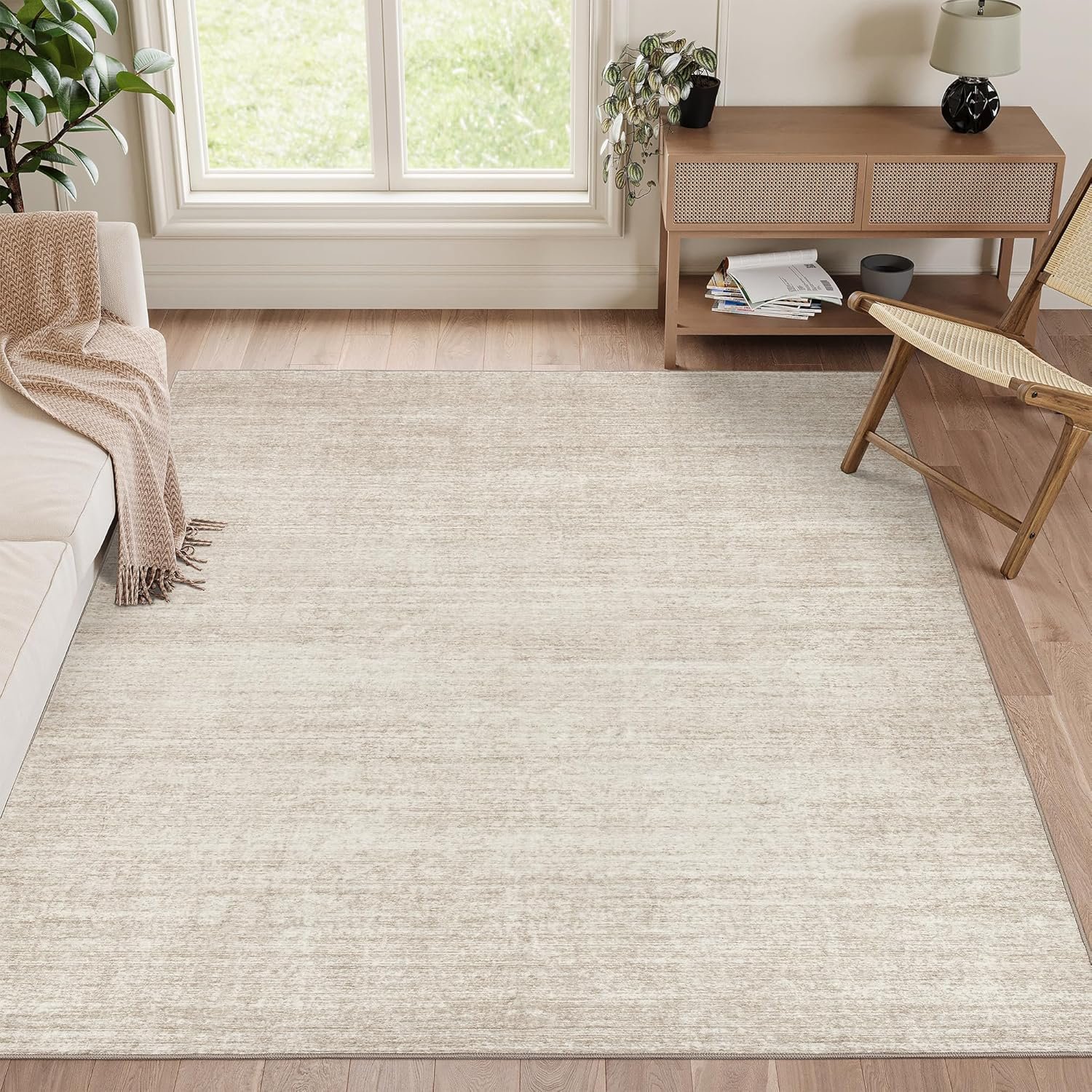 Washable Rugs 5×7, Non Slip Large Area Rugs for Living Room, Beige | Soft Low Pile, Thin & Lighweight Carpet, Folable Stain Resistant Modern Indoor Floor Mat for Bedroom, Dining Room, Home Decor