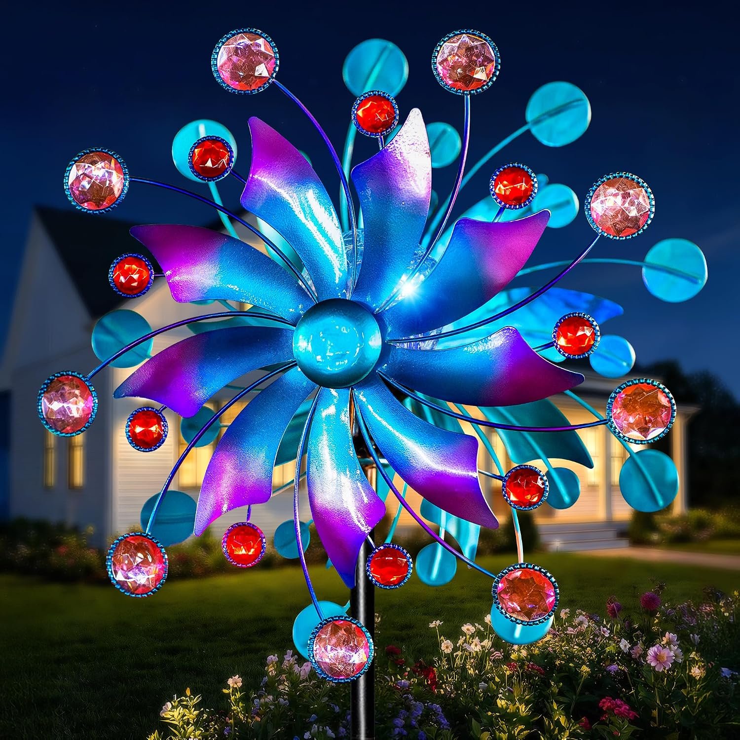 Solar Wind Spinner Outdoor – Metal Kinetic Wind Sculptures with Sparkling Jeweled Ornaments, Blue & Purple Gradient Dual-Direction Spinner, Solar LED Glass Ball Yard Art for Garden Patio Decor