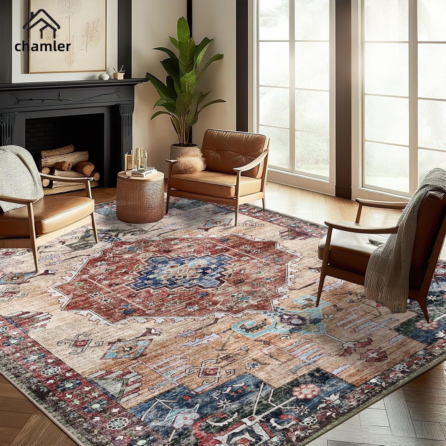 chamler 10’x14′ Washable Area Rug Boho Chic Medallion Distressed Design Non-Shedding Easy Care Ideal for High Traffic Areas in Rugs for Living Room Bedroom Office Coffee Table Large Carpet
