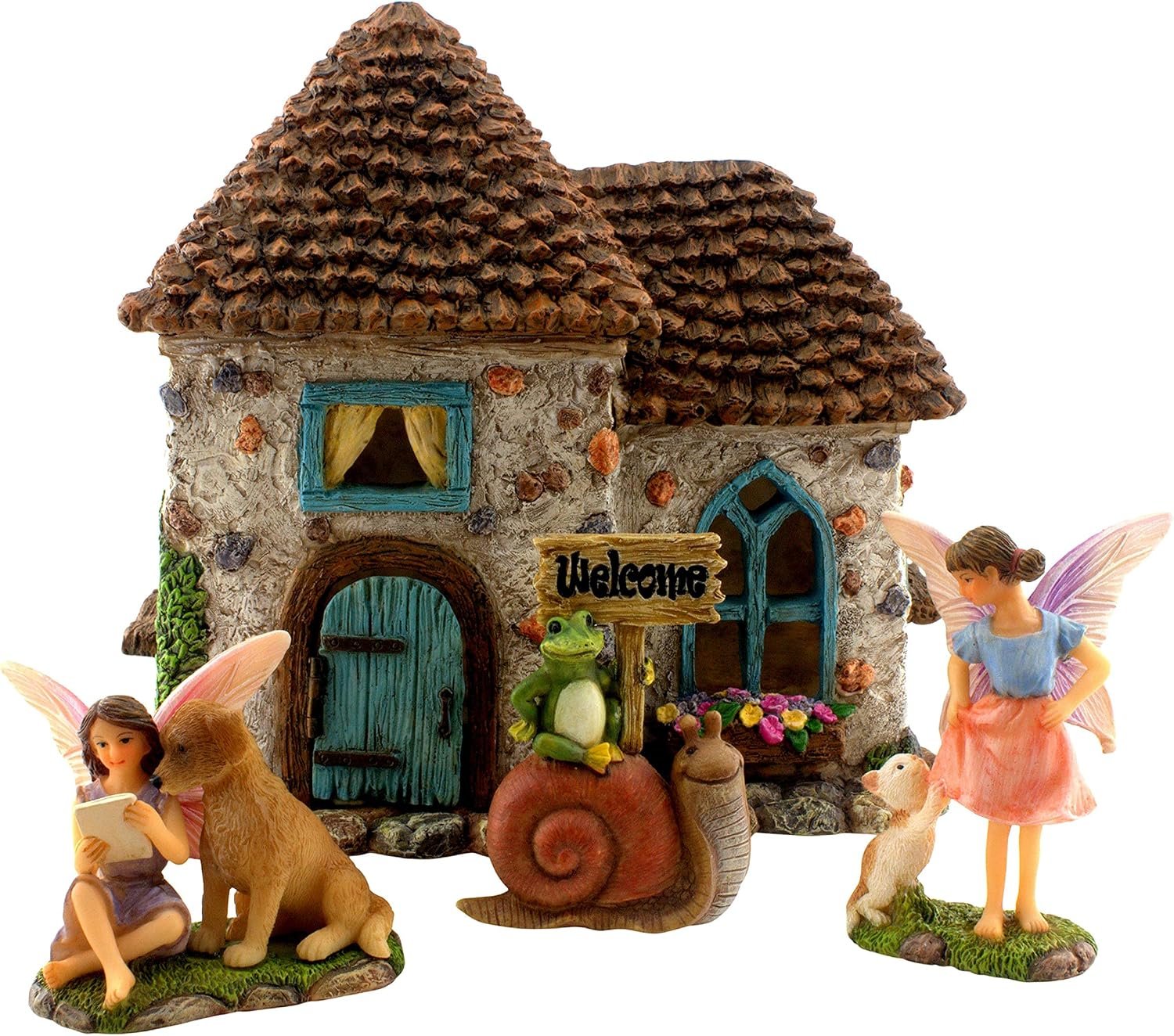 Fairy Garden House Kit & Sign | Hand-painted resin pinecone roof design; 2 fairies included; door opens; 6 inches high; outdoor indoor miniature decor