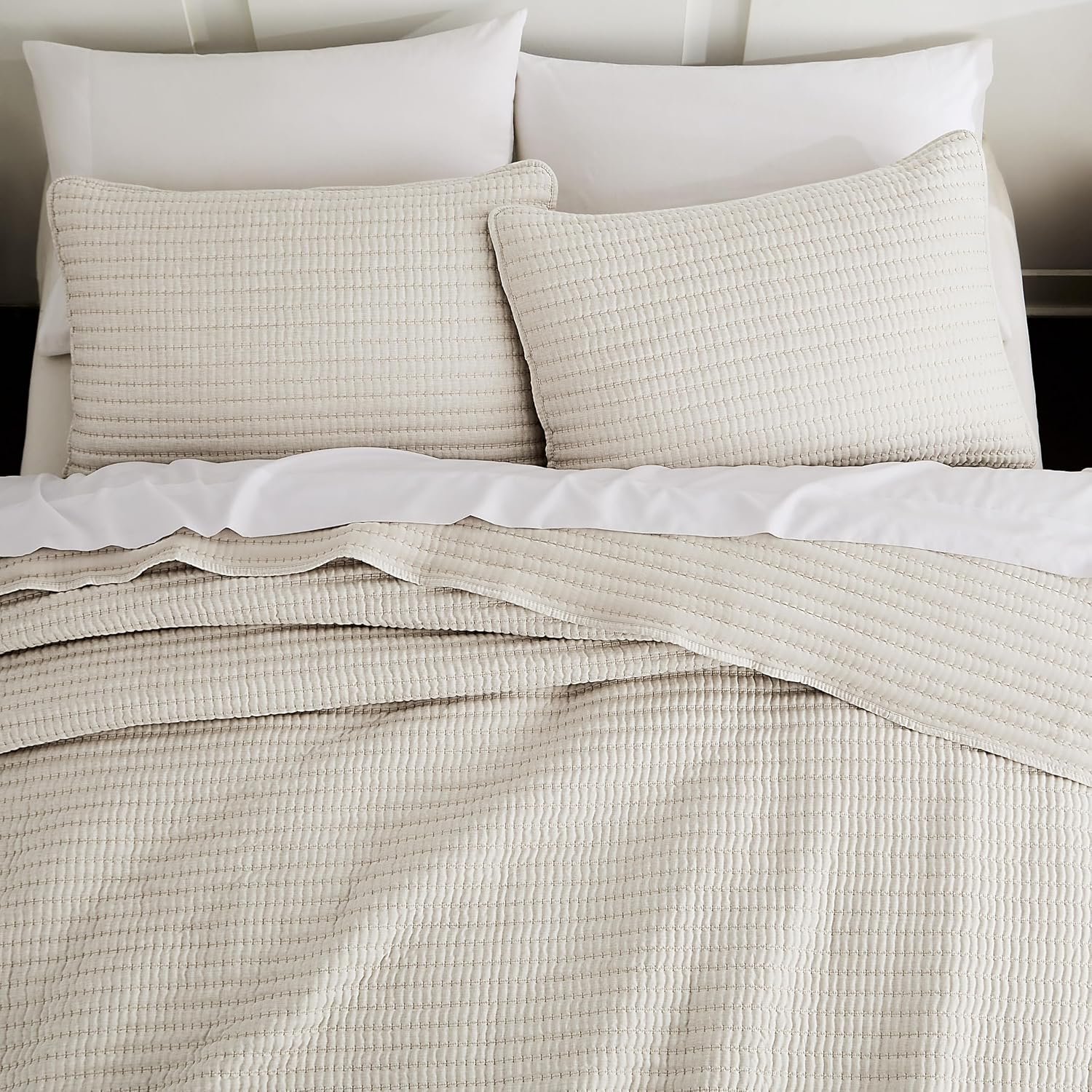 WDCOZY Beige Pick Stitch Queen Size Quilt Set, Striped Lightweight Soft Summer Spring Bedspread, Bamboo Linen Like Textured Coverlet, Chambray Farmhouse Country Rustic Bedding, Netural Thin Comforter