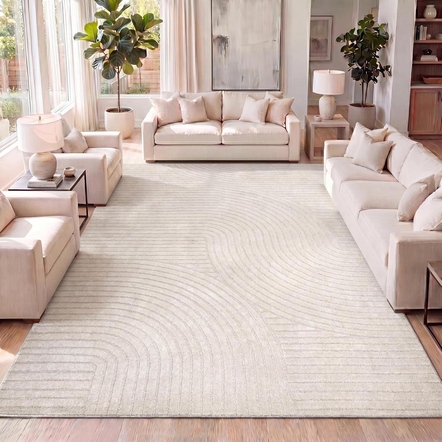 JONATHAN Y Hallie High-Low Curve Ivory/Cream Indoor/Outdoor Area Rug, 8×10, Minimalist, Japandi, Pet Friendly, Non-Shedding, Stain Resistant, Hose-Washable for Backyard, Patio, Porch (SCN100B-8)