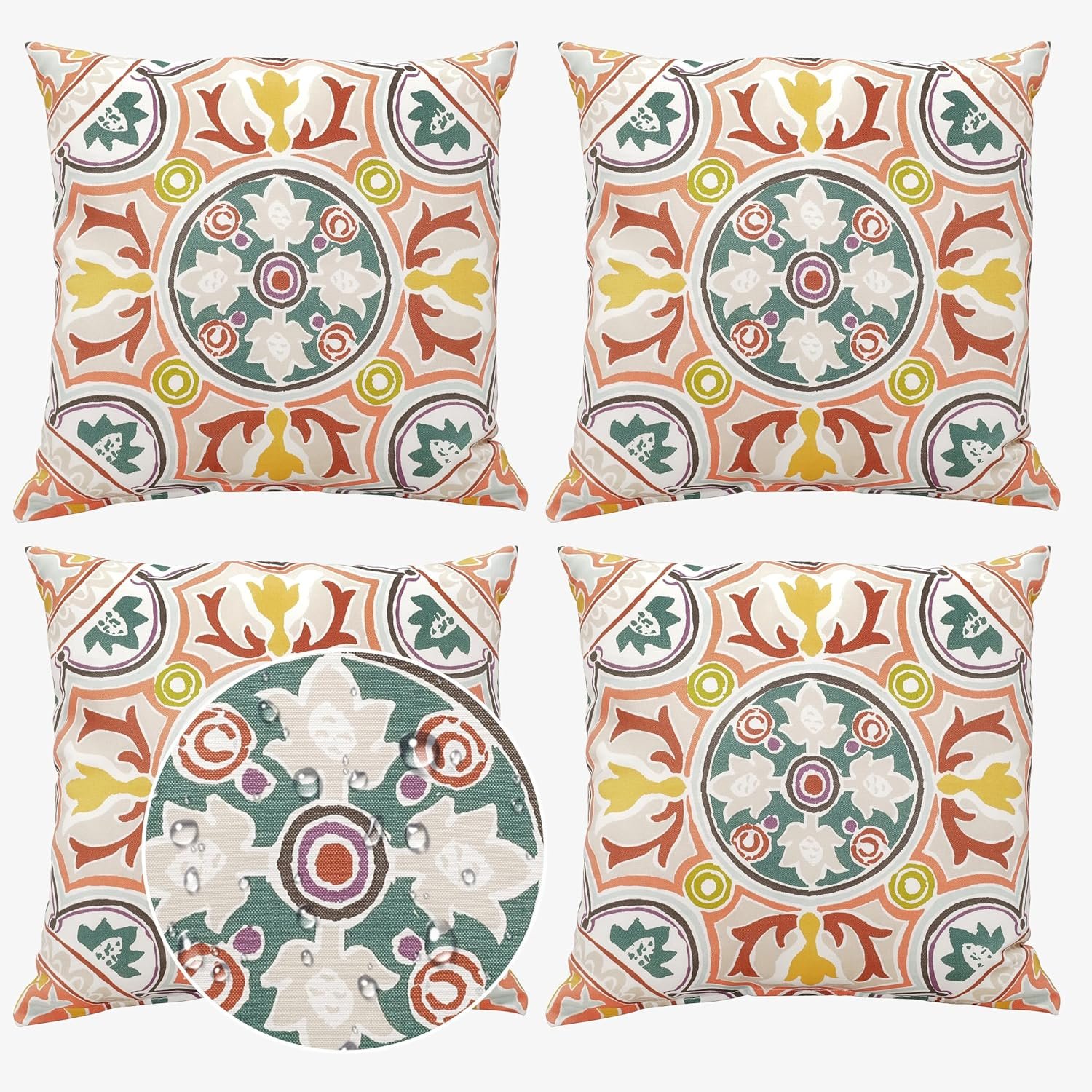 Volans 18″ x 18″ Outdoor Throw Pillows with Inserts, Waterproof Decorative Pillows for Backyard, Bed, Couch, and Patio Furniture, Pack of 4, Colorful Kaleidoscope