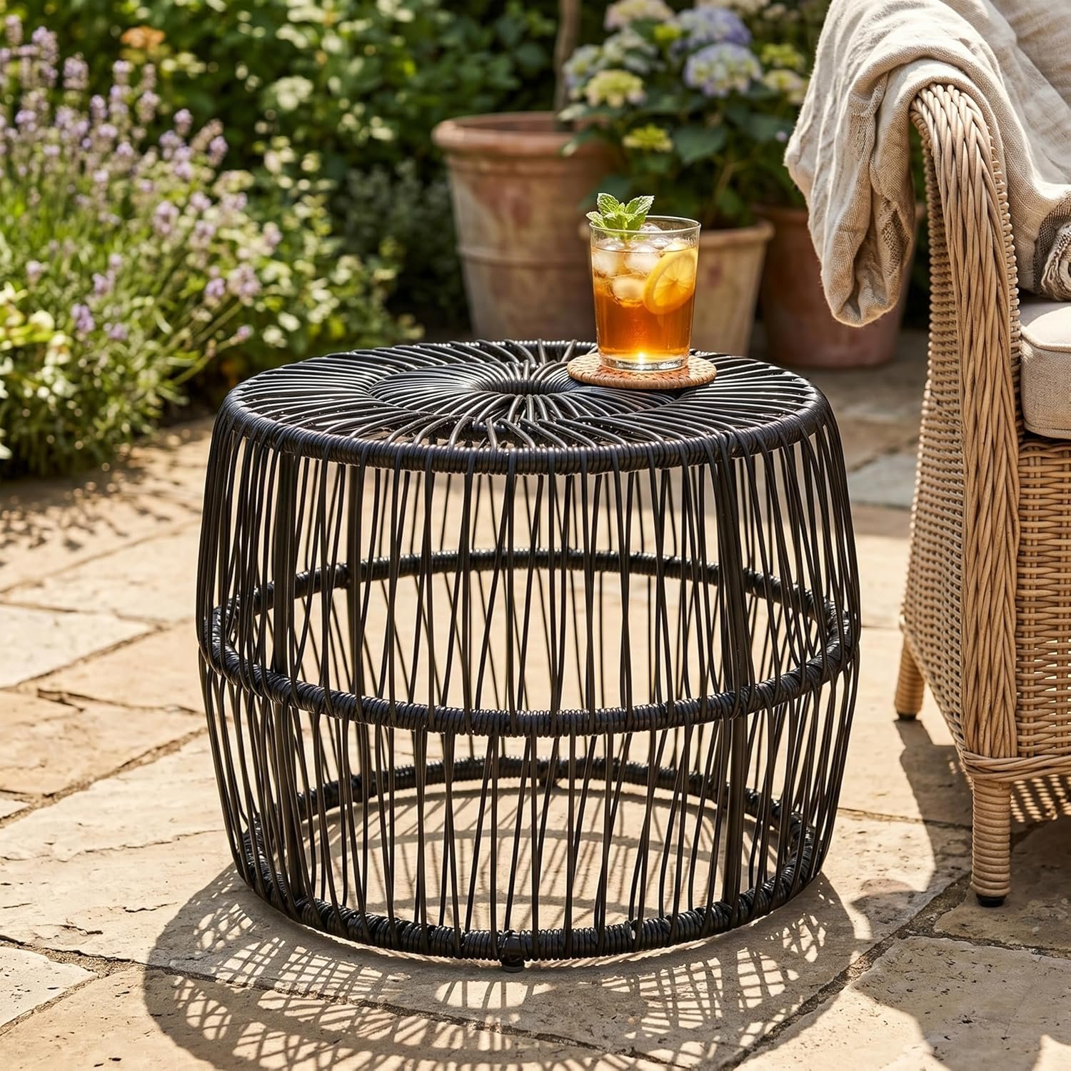 Furniture of America Ysar Boho Rattan Round Coffee Table Outdoor with Metal Frame, All-Weather and Rust Resistant, Handcrafted Coastal Furniture for Patio, Poolside, Garden, Yard, Black