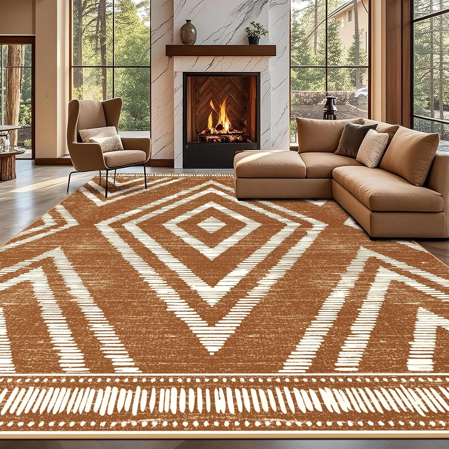 Boho Washable Area Rugs 9x12ft for Living Room, Large Soft Bedroom Rug Non Slip, Low Pile Brown Moroccan Floor Carpets for Dining Room Nursery Playroom Home Office