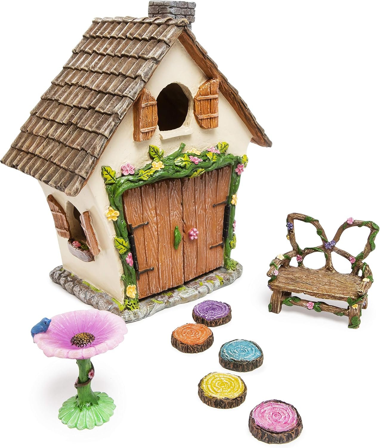 Meadow & Oak Fairy Garden House Kit – Complete with Fairy Garden Accessories, Butterly Seat, Bird Bath, Stepping Stones, Magnetic Door Closure for Indoor/Outdoor Fairy House
