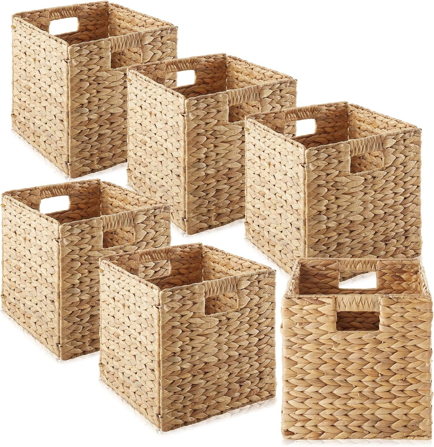 Casafield 10.5″ x 10.5″ Water Hyacinth Storage Baskets, Natural – Set of 6 Collapsible Cube Organizers, Woven Bins for Bathroom, Bedroom, Laundry, Pantry, Shelves
