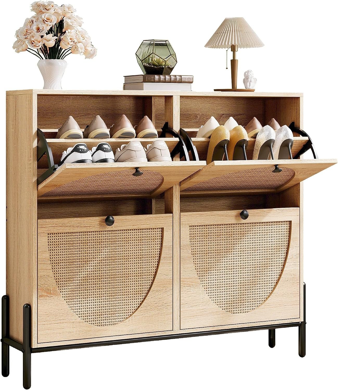 IRONCK Rattan Shoe Cabinet Storage with 4 Flip Drawers, Oak | Freestanding Shoe Storage Organizer Cabinet for Entryway, Narrow Shoe Rack Cabinet