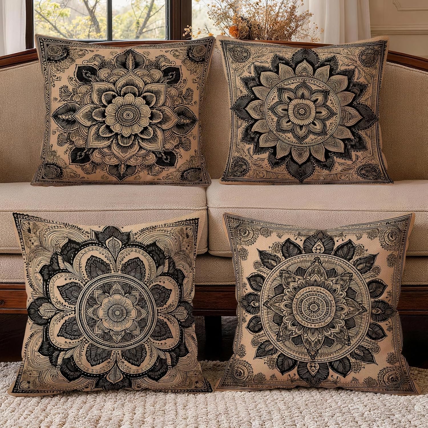 OBSEDE Vintage Black Boho Mandala Throw Pillow Covers 18×18 Inches Set of 4 | Faux Linen Material, Single Sided Print Cushion Cases, Retro Dark Accent Pillows, For Sofa Couch Bedroom Living Room