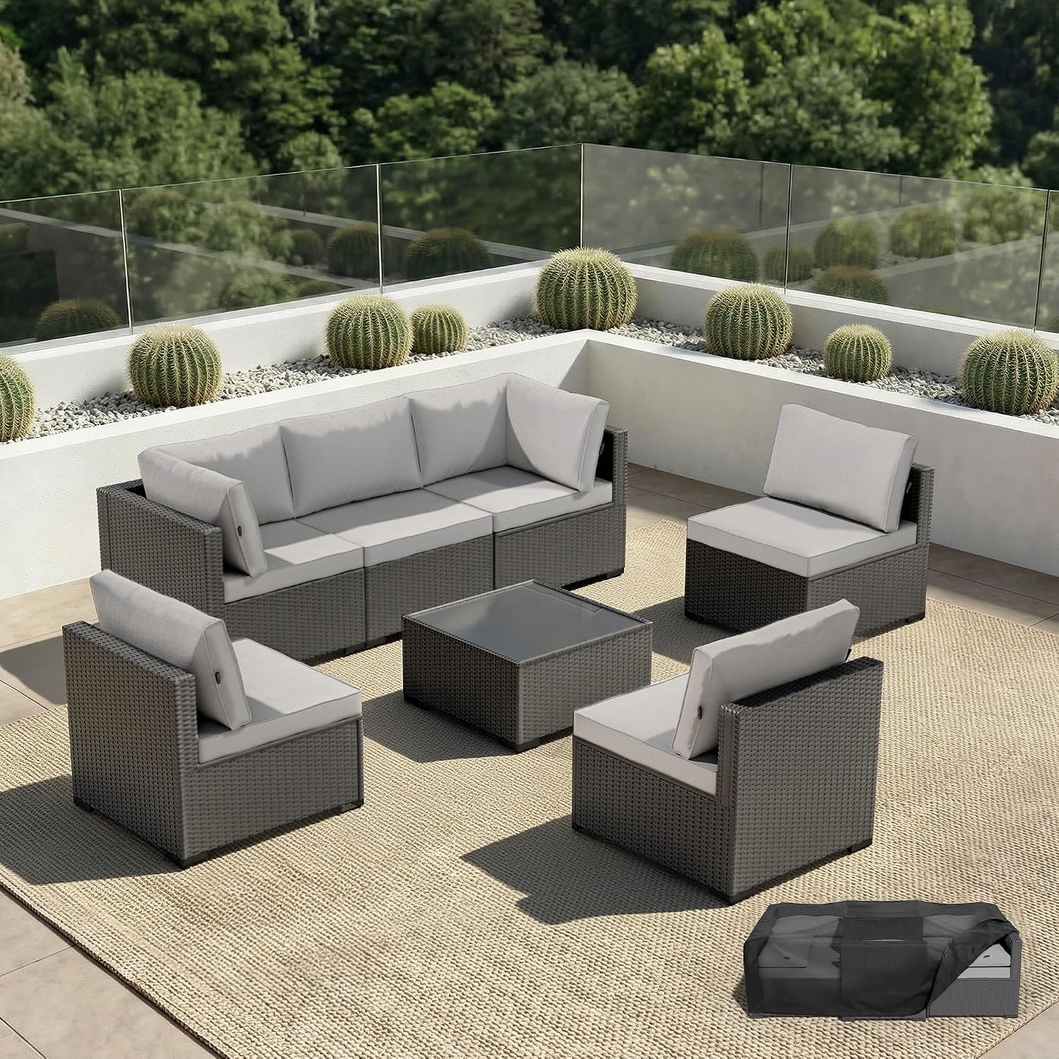 Patio Furniture Set – All-Weather – 7 Piece Patio Outdoor Conversation Set, Modular Wicker Rattan Sectional Sofa for Backyard, Garden, Poolside, Balcony, Porch, Patio,Black/Light Gray