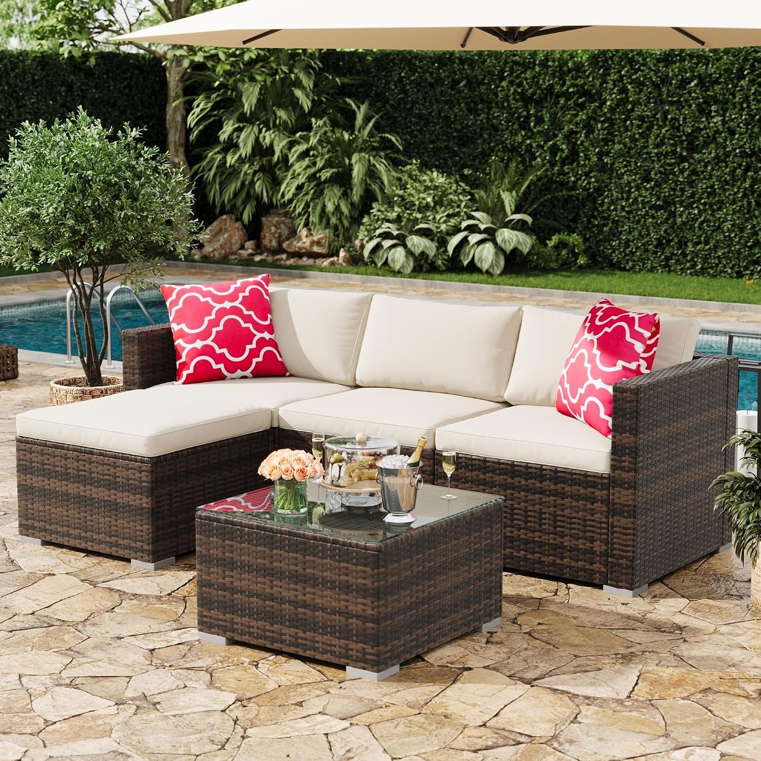 5-Piece Outdoor Sectional Sofa Set, All-Weather PE Rattan Patio Furniture with Ottoman & Tempered Glass Table, Convertible Garden Couch for Backyard, Porch, Poolside (Brown/Beige)