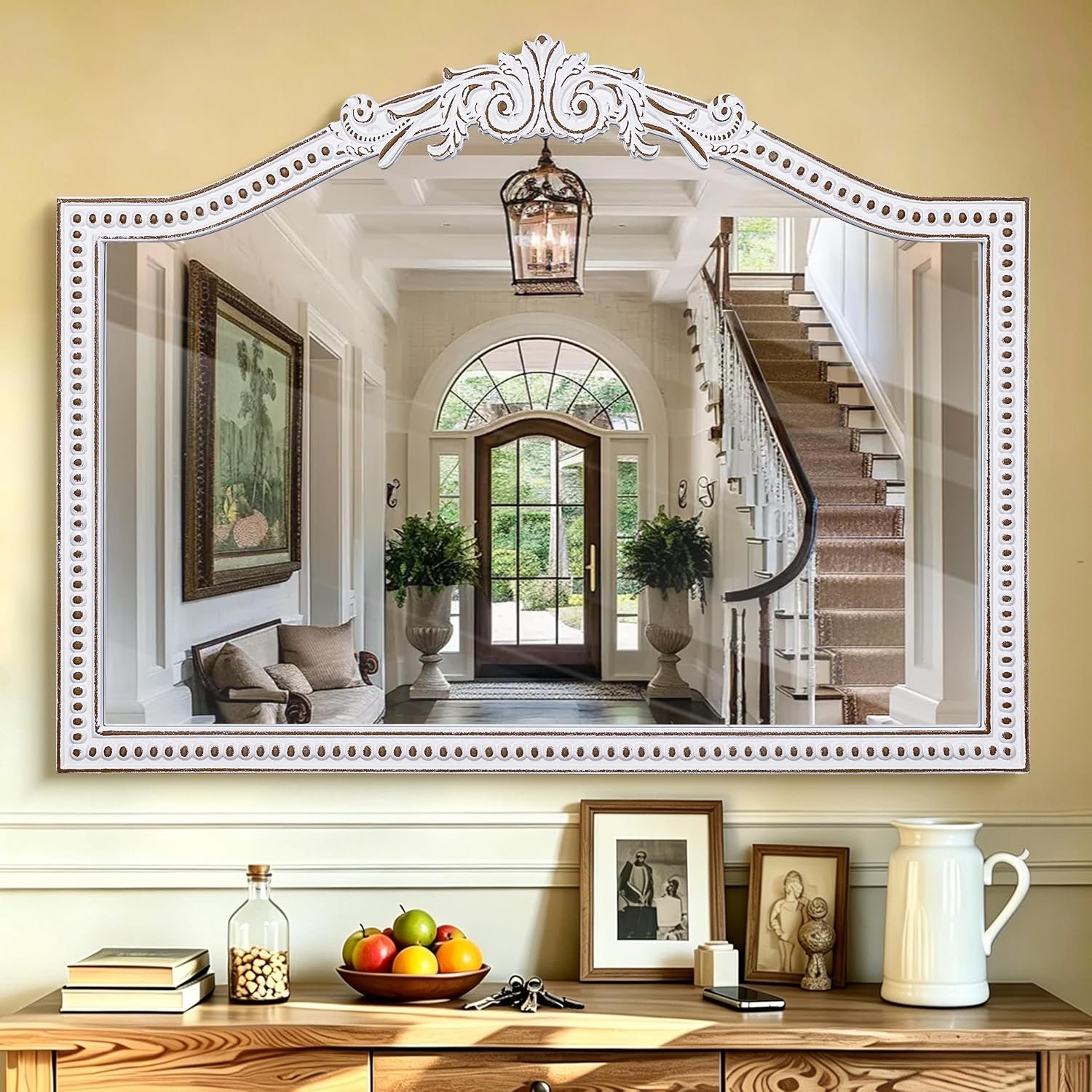32×42 Inch Vintage Baroque Arched Mirror for Wall Decor | Antique White Ornate Decorative Mirror, Farmhouse Beaded Mirror for Over Fireplace Mantel, Living Room, Entryway