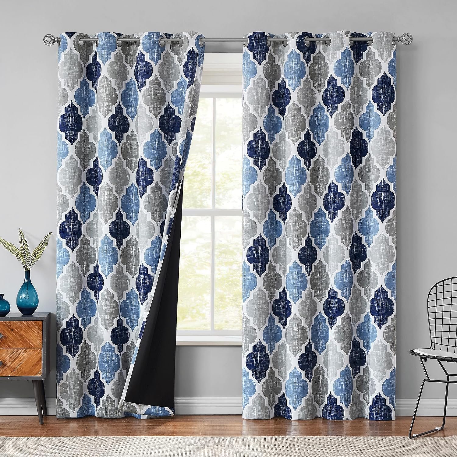 Beauoop Moroccan 100% Blackout Curtains Bedroom Blue Grey 50×84 2 Panels | Geometric Room Darkening Drapes for Living Room 84 Inch Long Thermal Insulated Soundproof Lattice Window Treatment Grommet