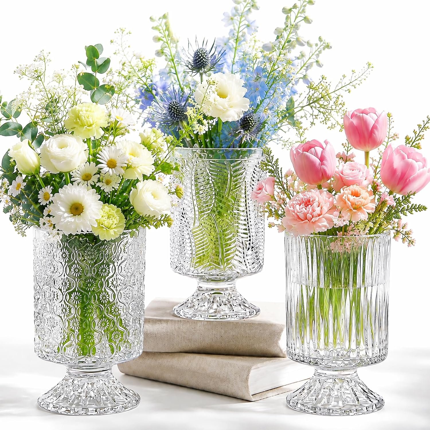 Pumtus 3 Pack Flower Vases for Centerpieces, Vintage Glass Pedestal Vase Set, Decorative Embossed Big Base Vase, Clear Hurricane Candle Holder, Medium Cylinder Vase for Wedding, Home, Party, Office