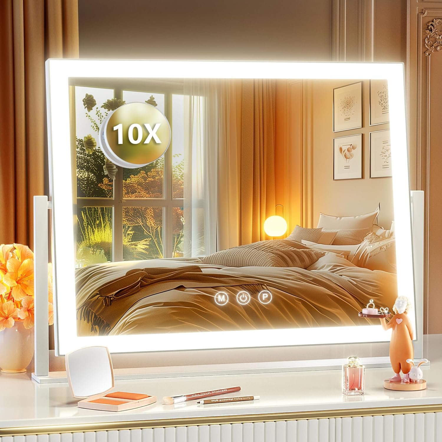 Gvnkvn Lighted Makeup Mirror, 17.3″x13″ Hollywood Vanity Mirror with Led Lights, Three Color Lighting Modes, and 10X Magnification Mirror, Smart Touch Control, 360°Rotation (White, Gift Box)
